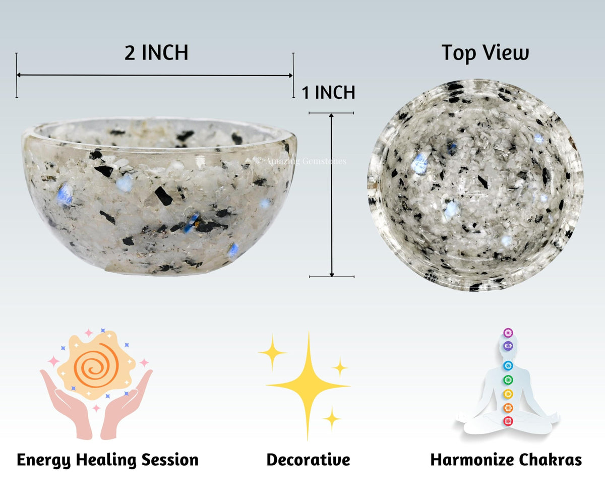 Amazing Gemstone Rainbow Moonstone Orgonite Orgone Crystal Gemstone Bowl - 2" Orgonite Rainbow Moonstone Crystal Bowl for Meditation, Crystals and Healing Stones Gift and Protection