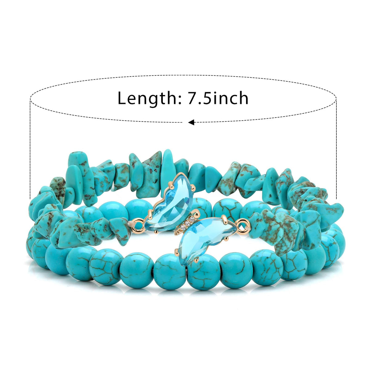 GolbalJew Turquoise Beaded Bracelet for Women Healing Crystal Stone Bracelets Blue Beads Stretch Bracelet Butterfly Charms Jewelry Women Gift
