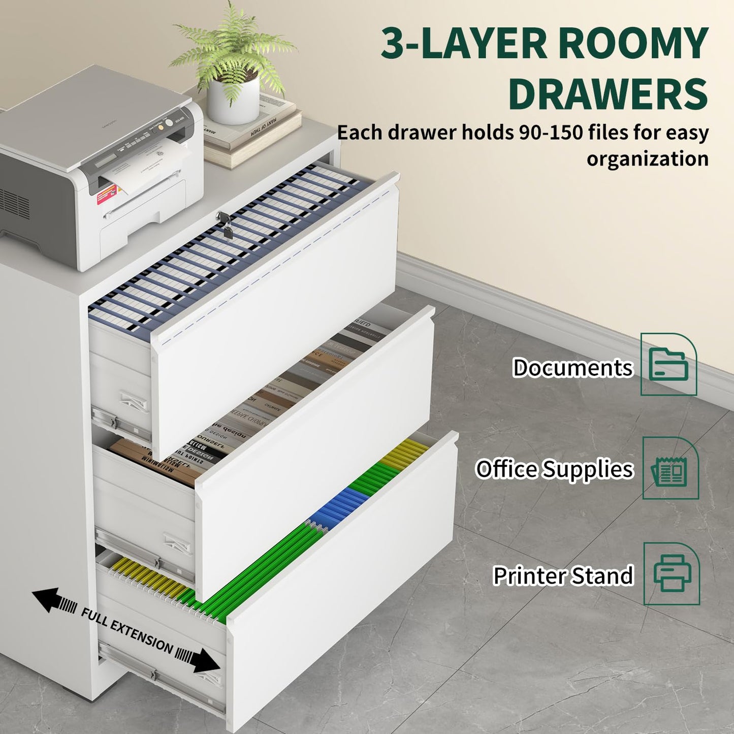 3 Drawer Lateral File Cabinet with Lock, Metal File Cabinets for Home Office, Office Furniture for Organization Hanging Legal/Letter/A4, Metal Filing Cabinet Storage Cabinet, Require Assembly, White