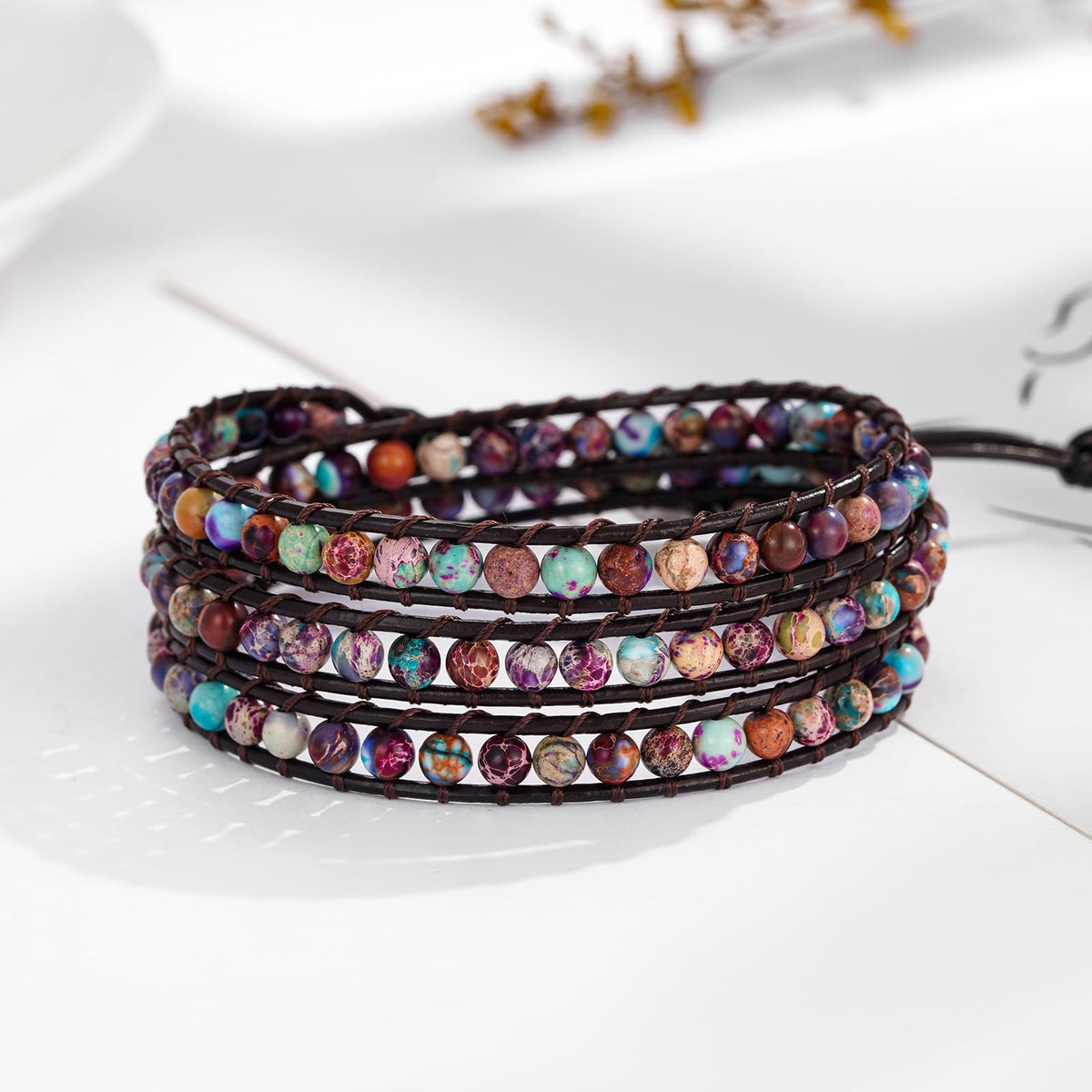 Plumiss Boho Unique Blue Purple Jasper Stone 4mm Beads Genuine Leather Handmade 3 Wrap Bracelets Jewlery Gift
