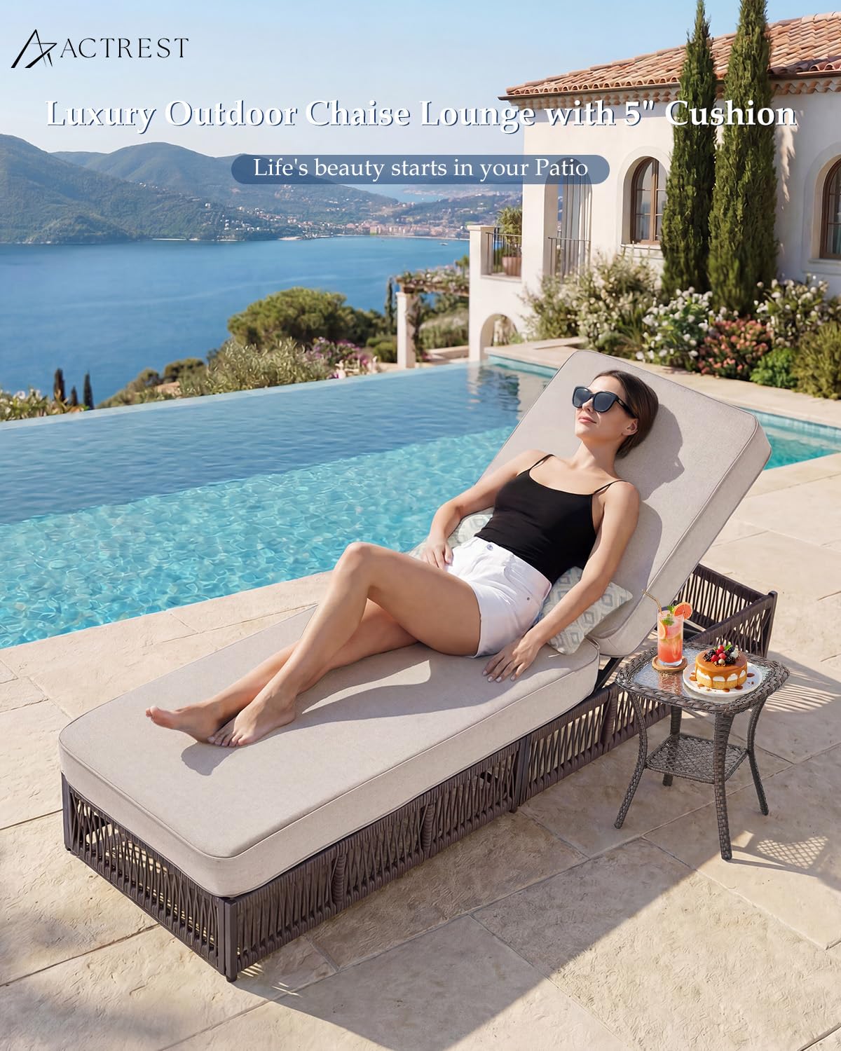 ACTREST Luxury 2PCS Outdoor Chaise Lounge and Side Table Set with 5 Inch Thick Cushions - High Back Brown Wicker Patio Recliners Chairs Lounger for Poolside Pool Porch Garden Sunbathing - Beige