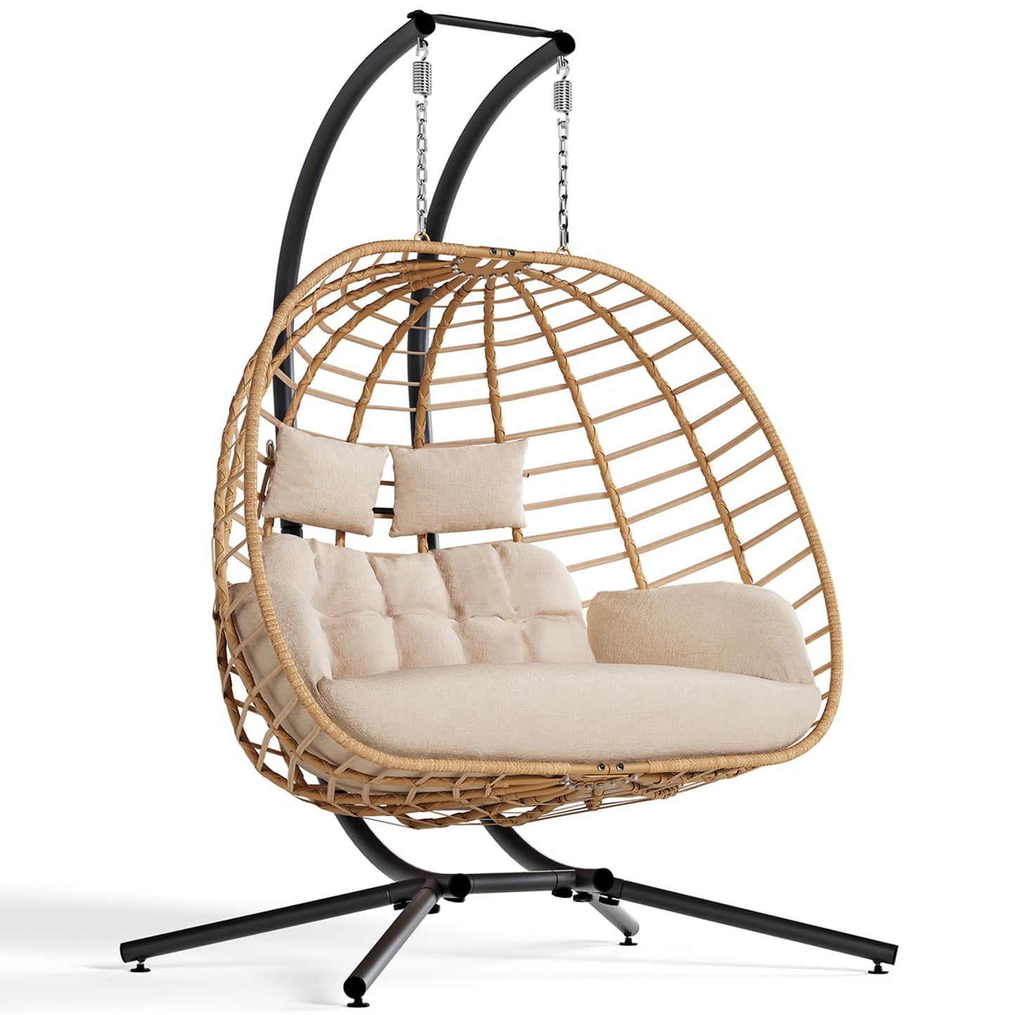 SWITTE Double Hanging Egg Chair with Stand, Outdoor Patio 2 Person Wicker Hammock Swing Chairs with Cushion Loveseat for Indoor Bedroom, Lawn, Garden-Beige