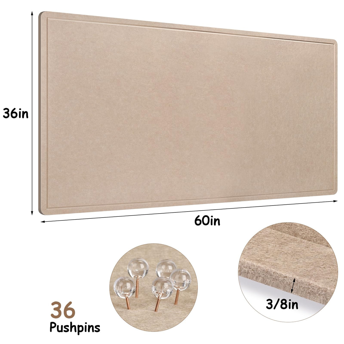 Foldable Large Bulletin Board, 60x36 Inches Cork Board Alternative, Large Felt Board Decorative Pin Board for Wall, Foldable Photo Board Self-Adhesive Vision Board with 36 Pushpins Khaki