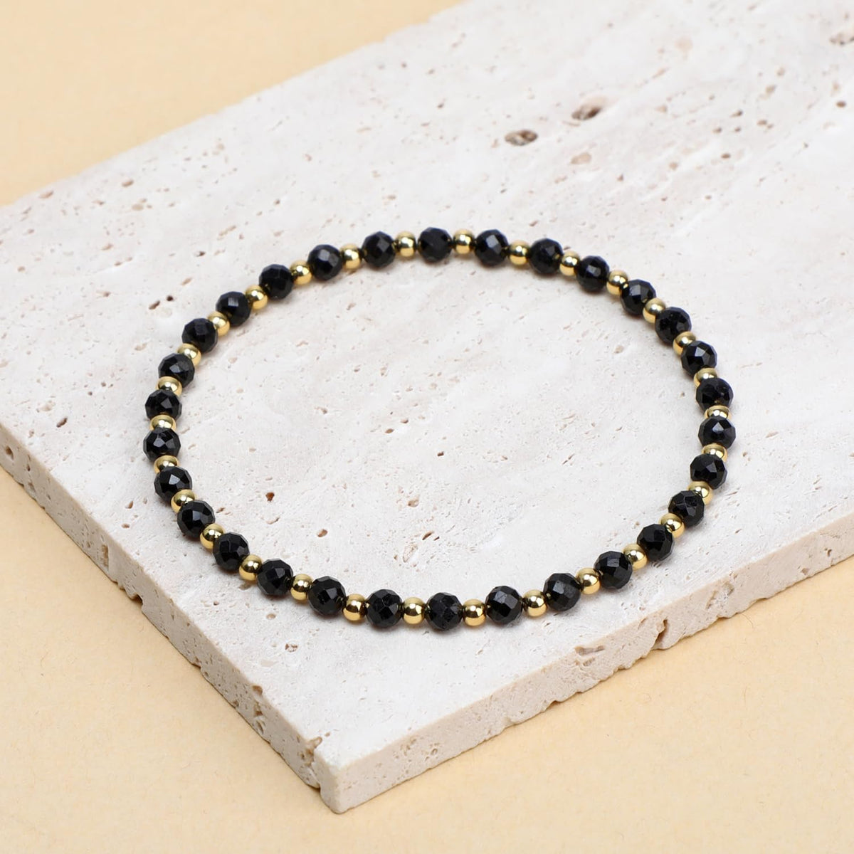 QOGIR Black Tourmaline - Psychic Protection - 14K Gold Plated Beads Natural Gemstone Stretch Elastic Dainty Healing Beaded Bracelets Gifts 4mm