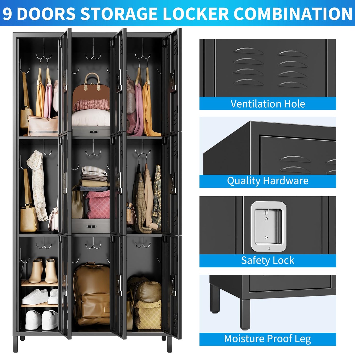 PhoenixCrest Metal Locker with 3 Doors & 9 Hooks, Heavy Duty Steel Storage Locker for Gym, Home, Office, School, Ventilated Design with Privacy Vents, Easy Assembly, Black