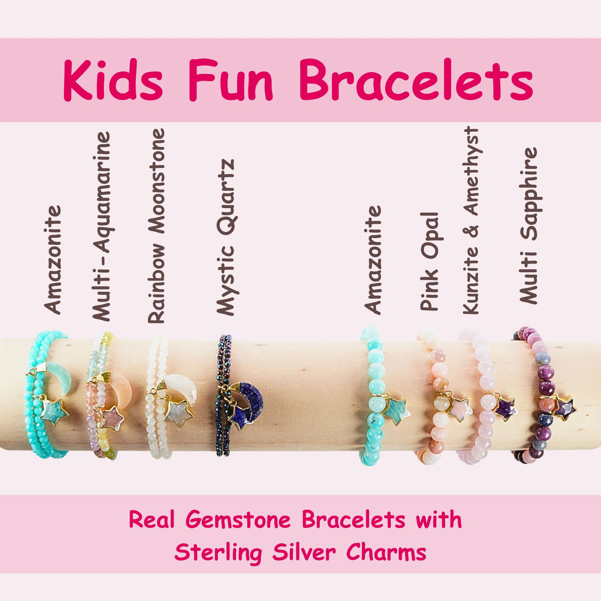 Colorful Multi Stone Chakra Bracelet Birthday Gift for Girls, Toddler Bracelet with Certified 925 Sterling Silver 18K Gold Vermeil Pink Opal Crystal Star Charm
