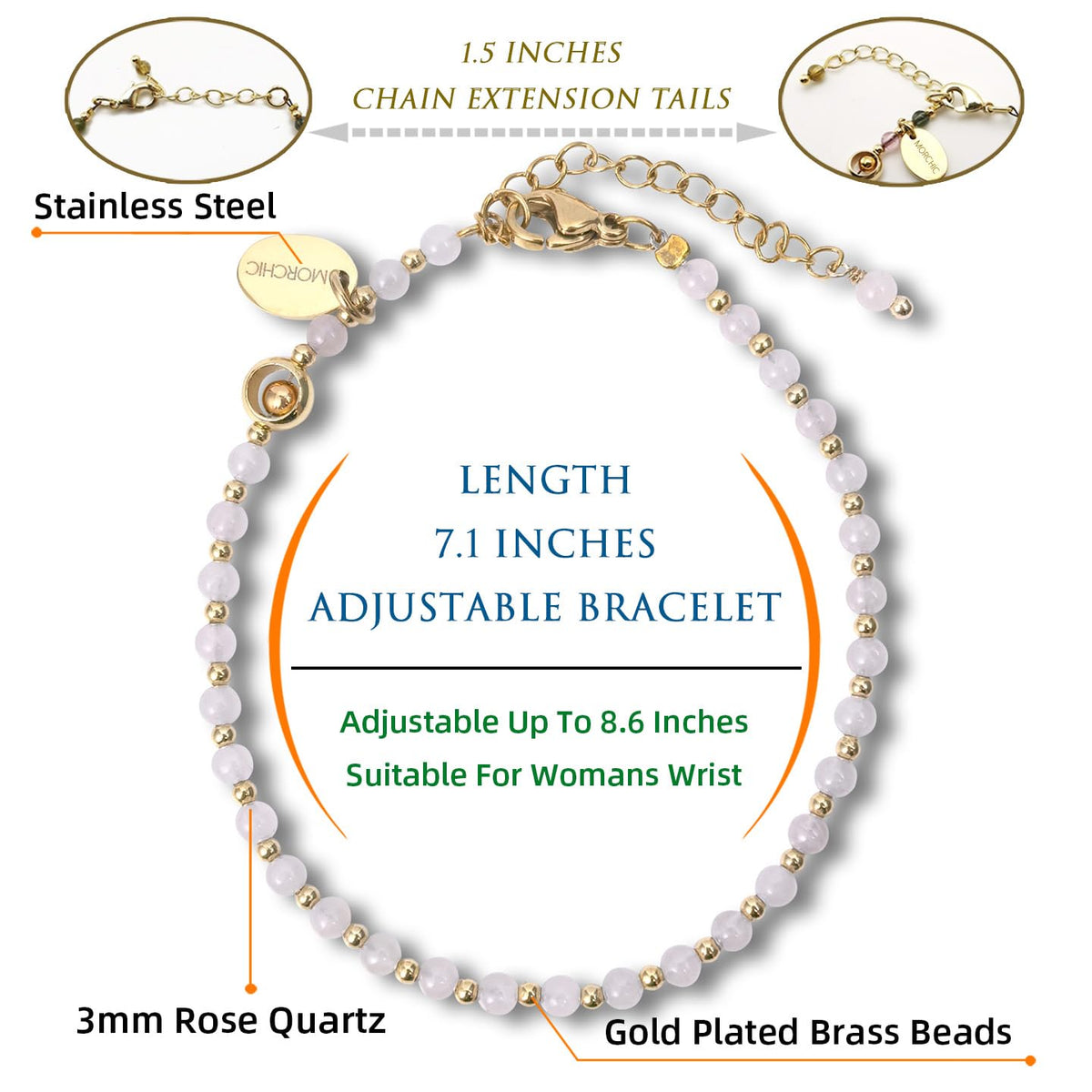 Morchic 3mm Pink Rose Quartz Natural Gemstone Beaded Bracelet for Women, Dainty Tiny Charm Jewelry, Adjustable 7.1-8.6", Ideal Birthday Holiday Gift
