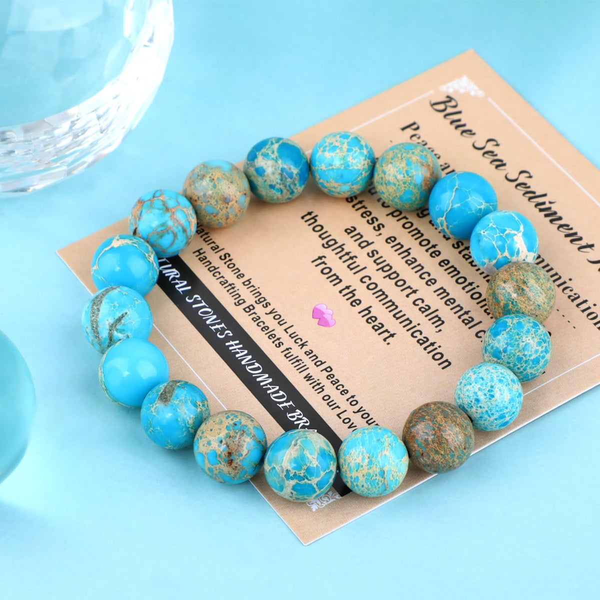 AD Beads 4mm Handmade Blue Sea Sediment Imperial Jasper Elastic Bracelet – Natural Gemstone for Joy & Positivity – Meditation, Yoga, Healing and Energy Gift for Men Women