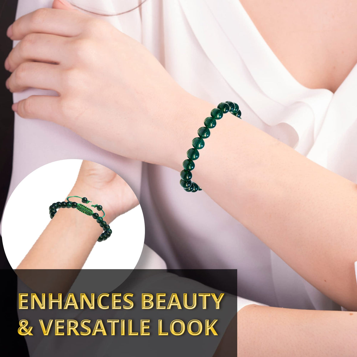ANAYA AGATE Healing Crystal Bracelet – Chic Gemstone Bracelet for Men and Women – 8mm Round Bead Bracelets for Spiritual Healing, Protection, Positive Energy - Green Jade