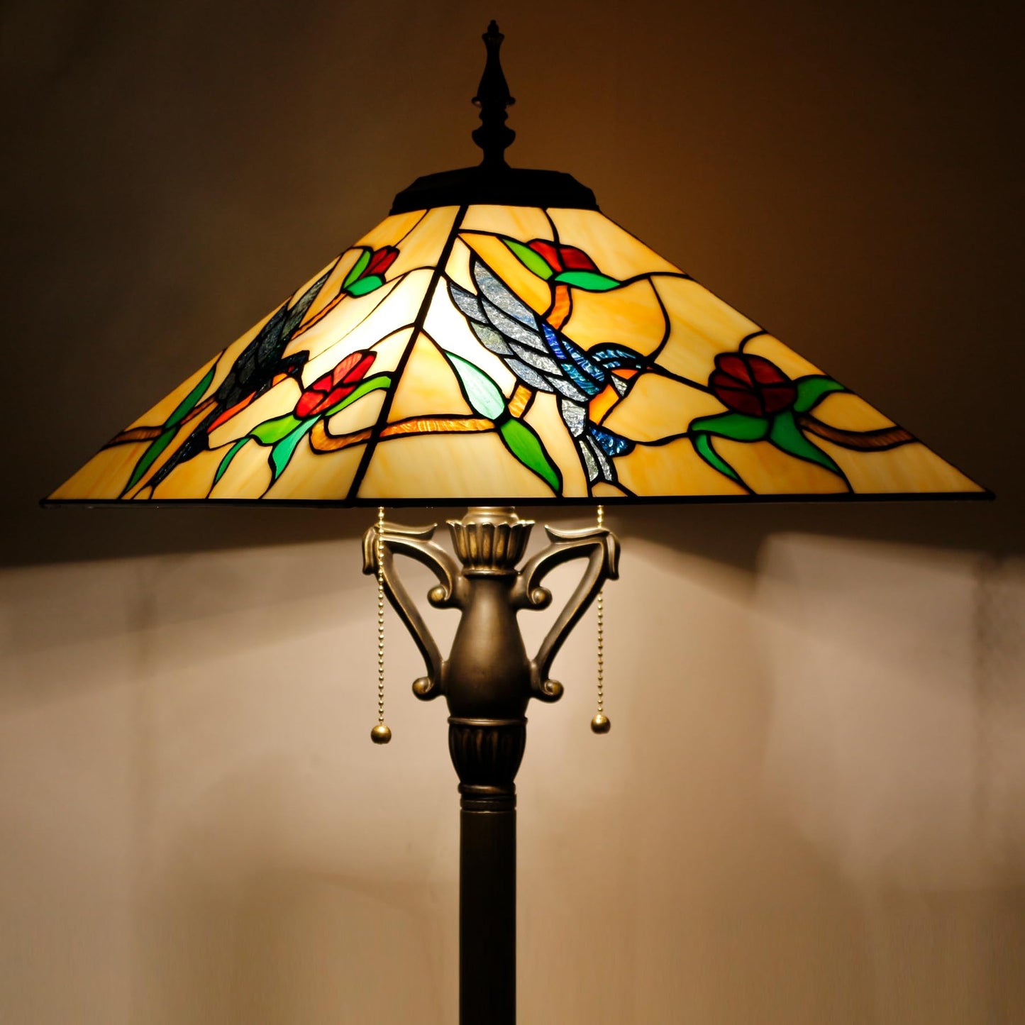 AVIVADIRECT Tiffany Floor Lamp Amber Hummingbird Mission Style Stained Glass Standing Reading Light 16X16X64 Inch
