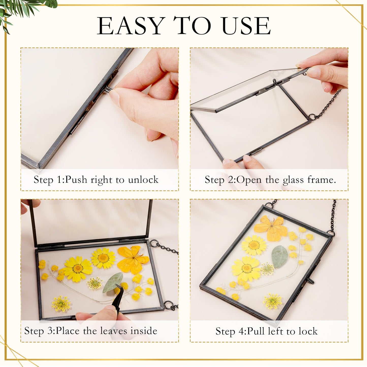 Bucherry 5 Pcs Glass Frame for DIY Pressed Flowers Art Brass Hanging Photo Picture Frame with Chain and 6 Styles Pressed Flowers Collage Glass Craft Frames for Wall Decor Display Gallery (Black)