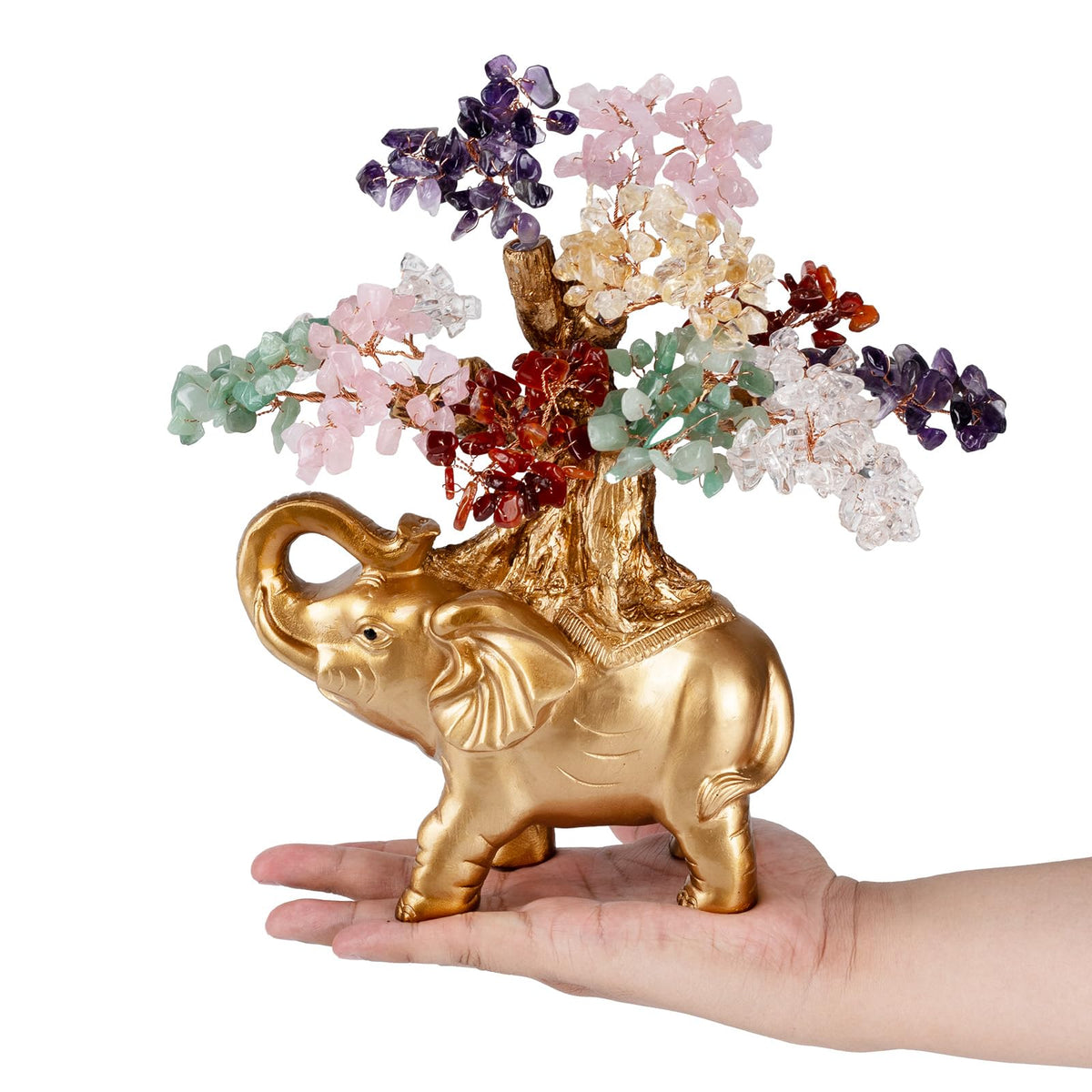 GEMBOURY 7 Chakra Crystal Money Tree on Gold Mini Elephant Statue, 10”Gemstone Bonsai Tree of Life Home Décor Gifts for Wealth Positive Energy, Feng Shui Décor