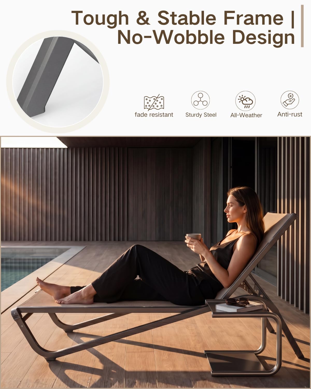 AreShark Aluminum Chaise Lounge Outdoor Set of 2,Textilene Patio Lounge Chair with 6-Position Adjustable Backrest,Stackable & Easy Assembly,Lightweight for Pool,Deck,Balcony,Lawn,Light Gray,Khaki