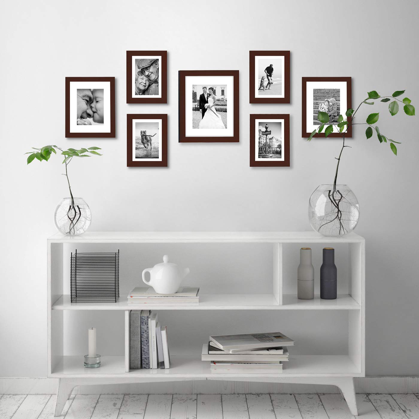 Americanflat Set of 7 Picture Frames with Shatter-Resistant Glass - Gallery Wall Frame Set with One 11x14, Two 8x10 and Four 5x7 Frames - Signature Collection - Mahogany