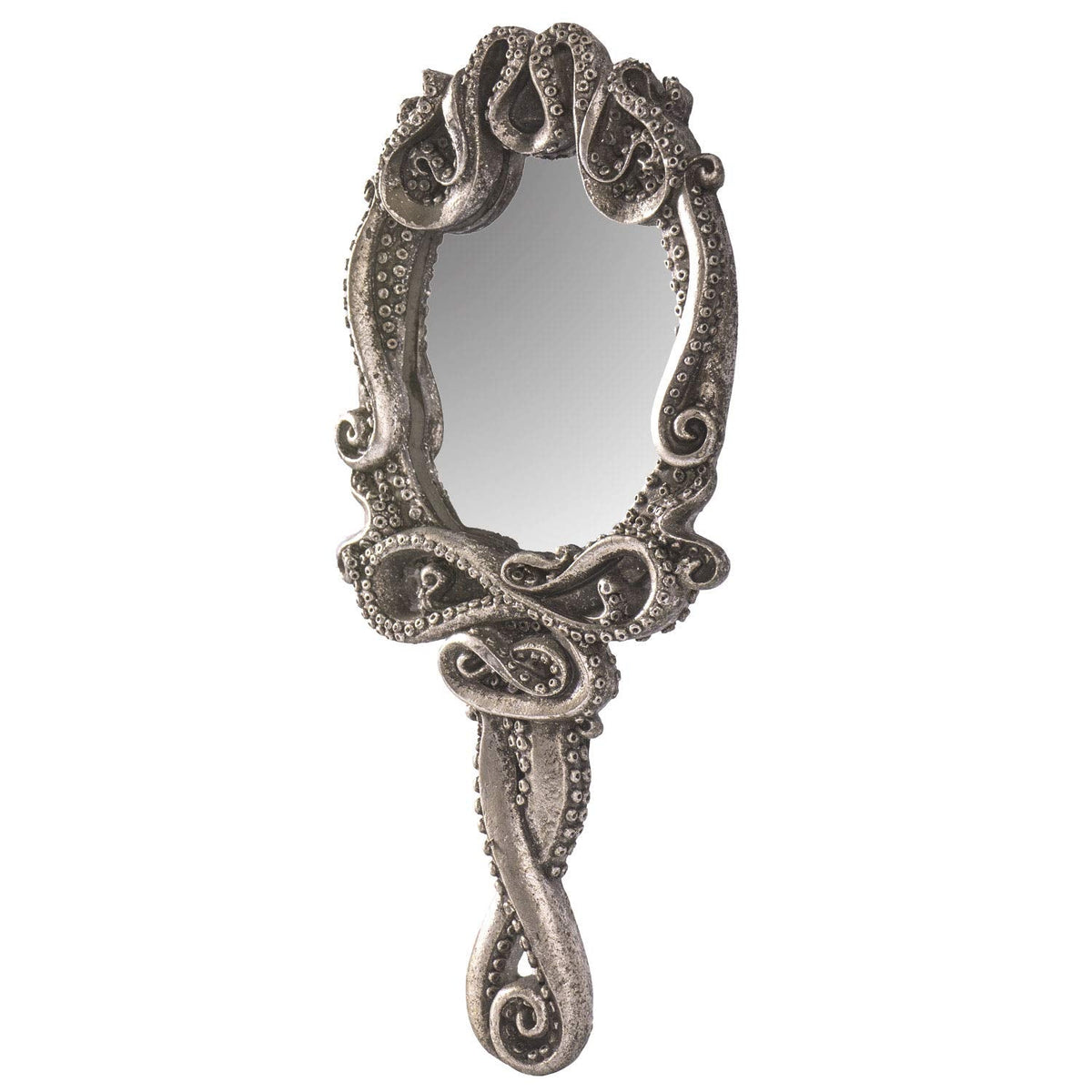 Pacific Trading Gothic Kraken Hand Held Mirror Home Accent Decor, Small Decorative Antique Sea Creature Inspired Silver Tone Mirrors with Handle, 14050