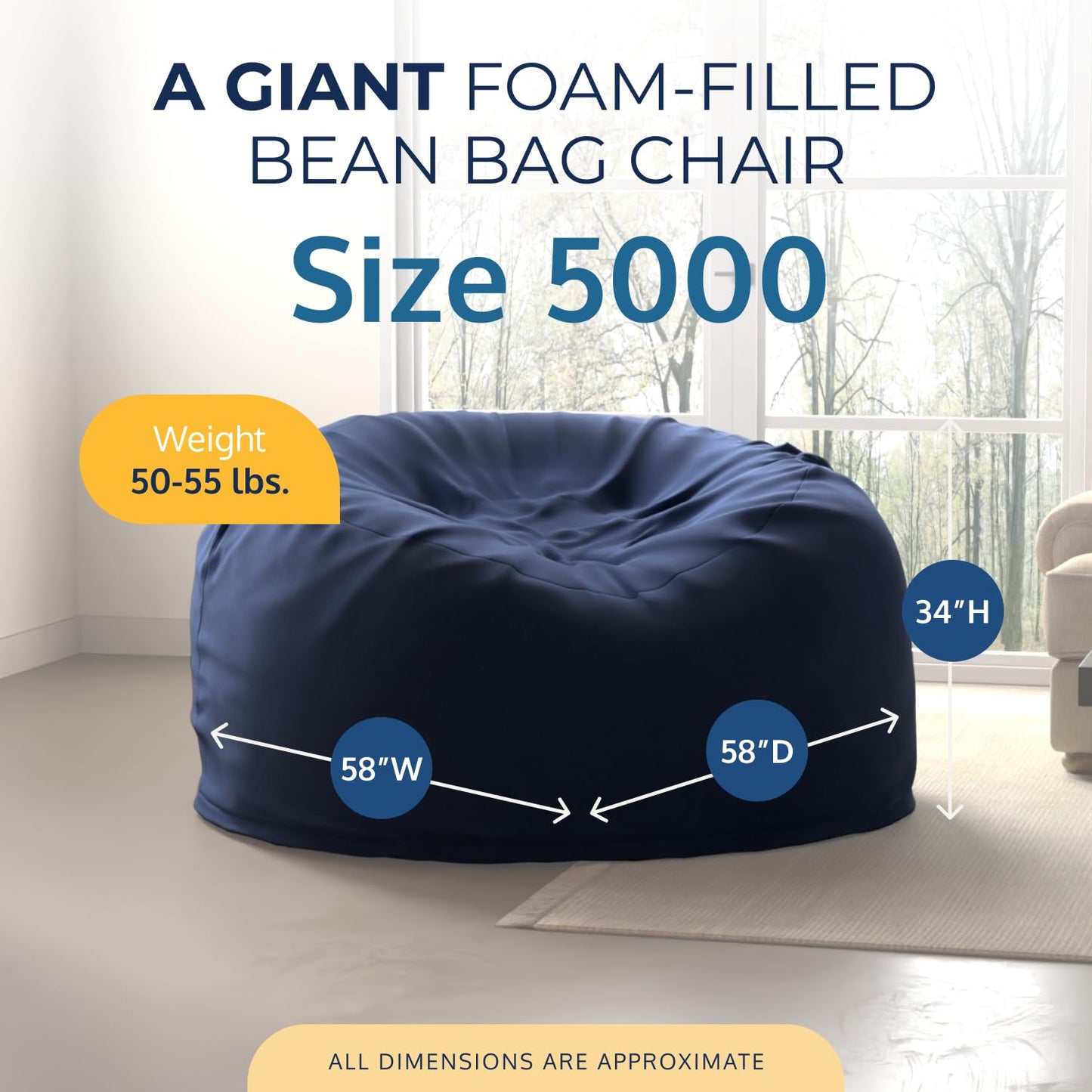 Ultimate Sack 5000 5-Foot Bean Bag Chair, Navy Fur Cover – Oversized Foam Lounger, Floor Seat, Small Sofa, or Couch Bed for Living Area, Gaming Room, or Reading Lounge