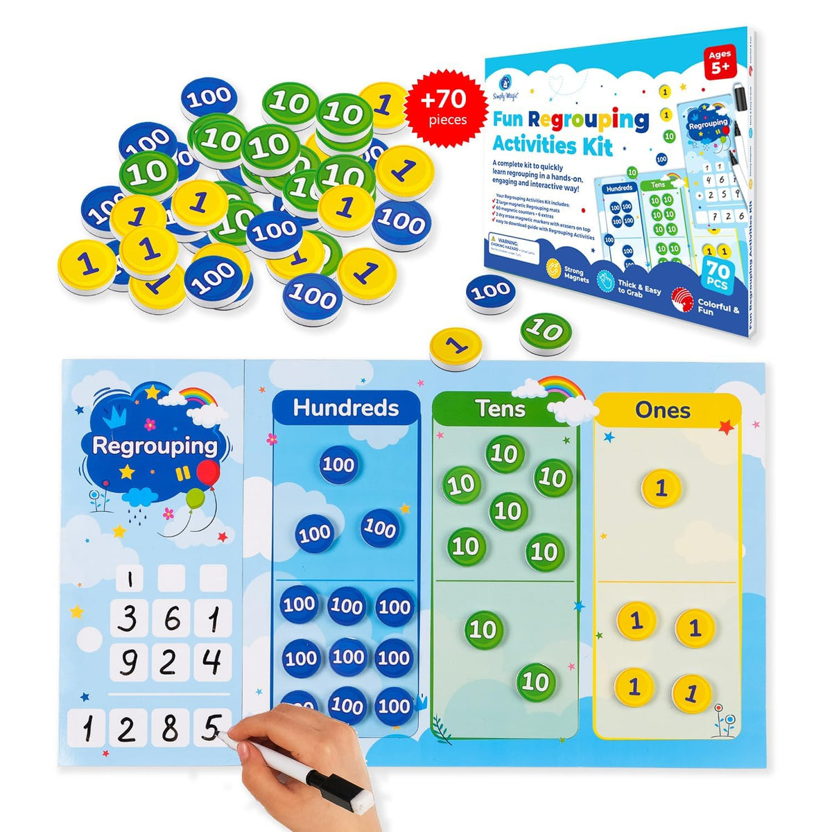 70 PCS Magnetic Regrouping Activities Kit, Place Value Manipulatives 1st 2nd 3rd 4th Grade, Place Value Chart Mat Magnets, Magnetic Place Value Discs, Base 10 Ten Math Manipulatives - Simply Magic