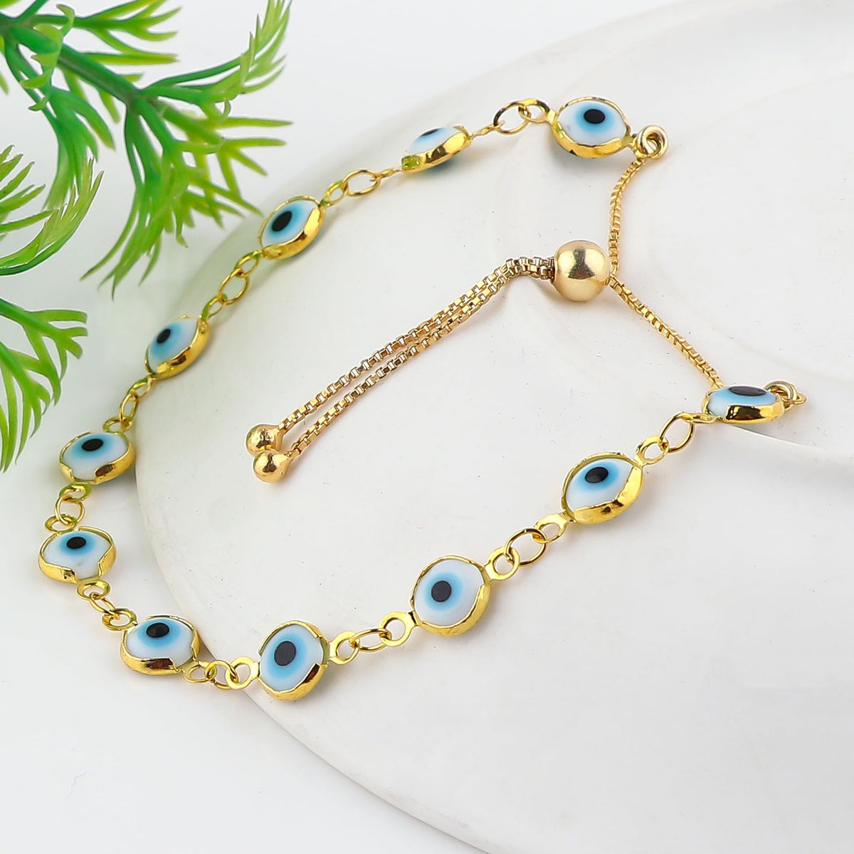 CRYSTALINES Genuine Evil Eye Onyx Gemstone Bolo Bracelet, 14K Gold Plated Link Chain Bracelet, Handmade Jewelry, Healing Crystals, Adjustable Chain, Spiritual Christmas Gift for Women