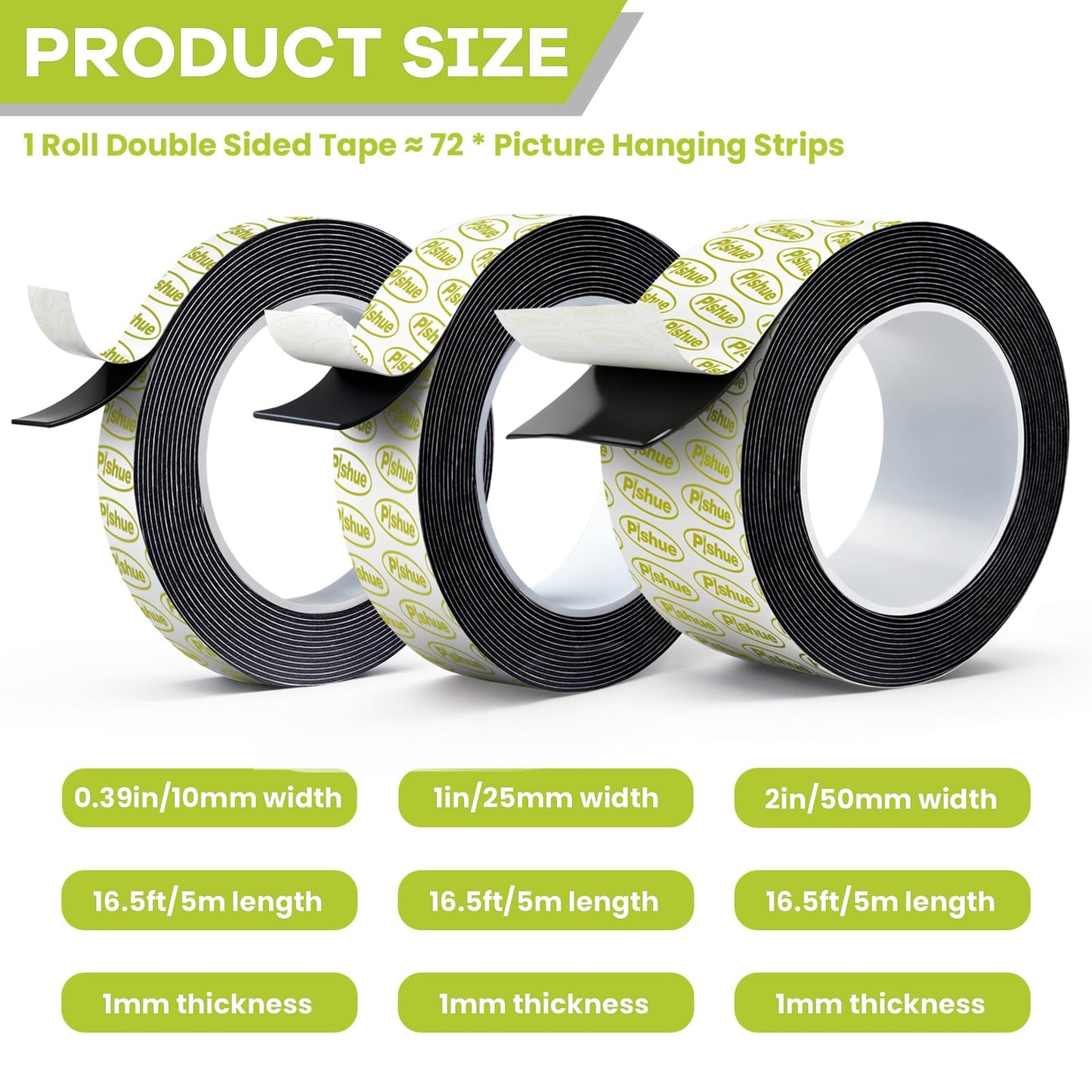 Double Sided Tape Heavy Duty, Damage Free Mounting Tape No Residue, Removable Foam Tape Strips, Picture Hanging Adhesive Strips Waterproof for Walls Home Office Decor Crafts Carpet Poster,0.39"×16.5Ft