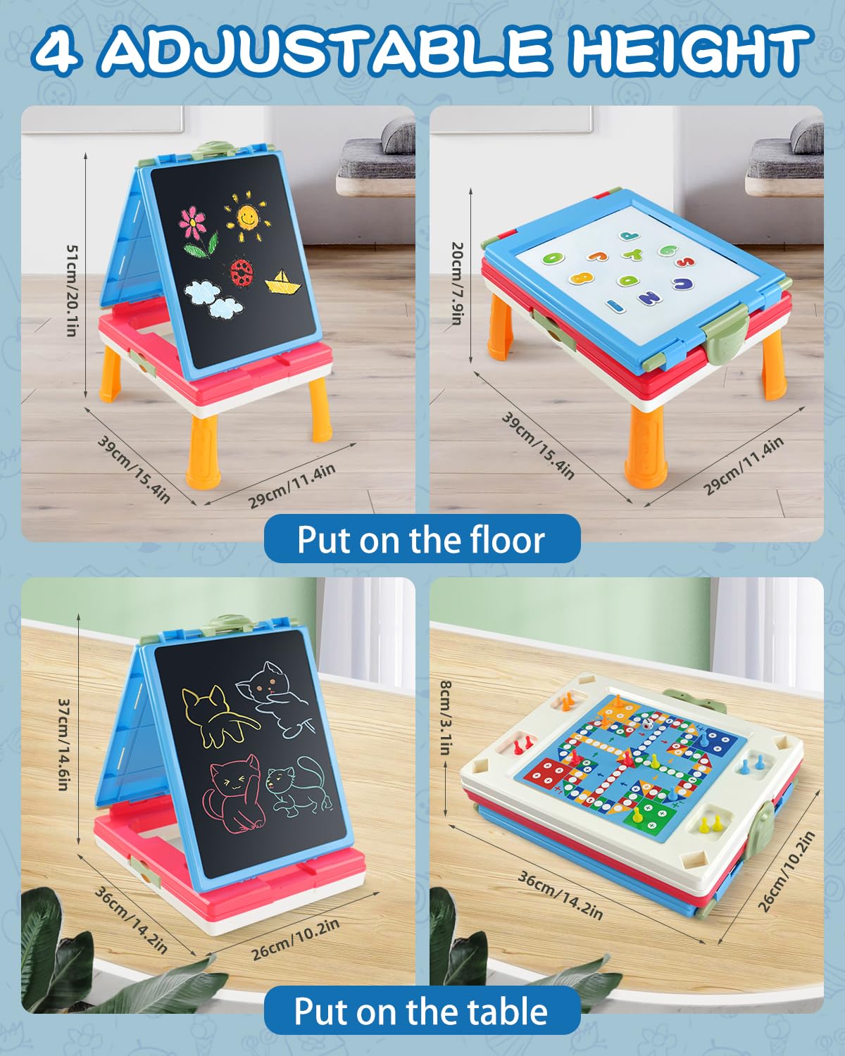 Elovien Easel for Kids, 4 in 1 Double Sided Toddler Art Easel with Chalkboard & Magnetic Whiteboard, Foldable Kids Tabletop Easel with Drawing & Writing Accessories - Gift for Boys and Girls (Blue)