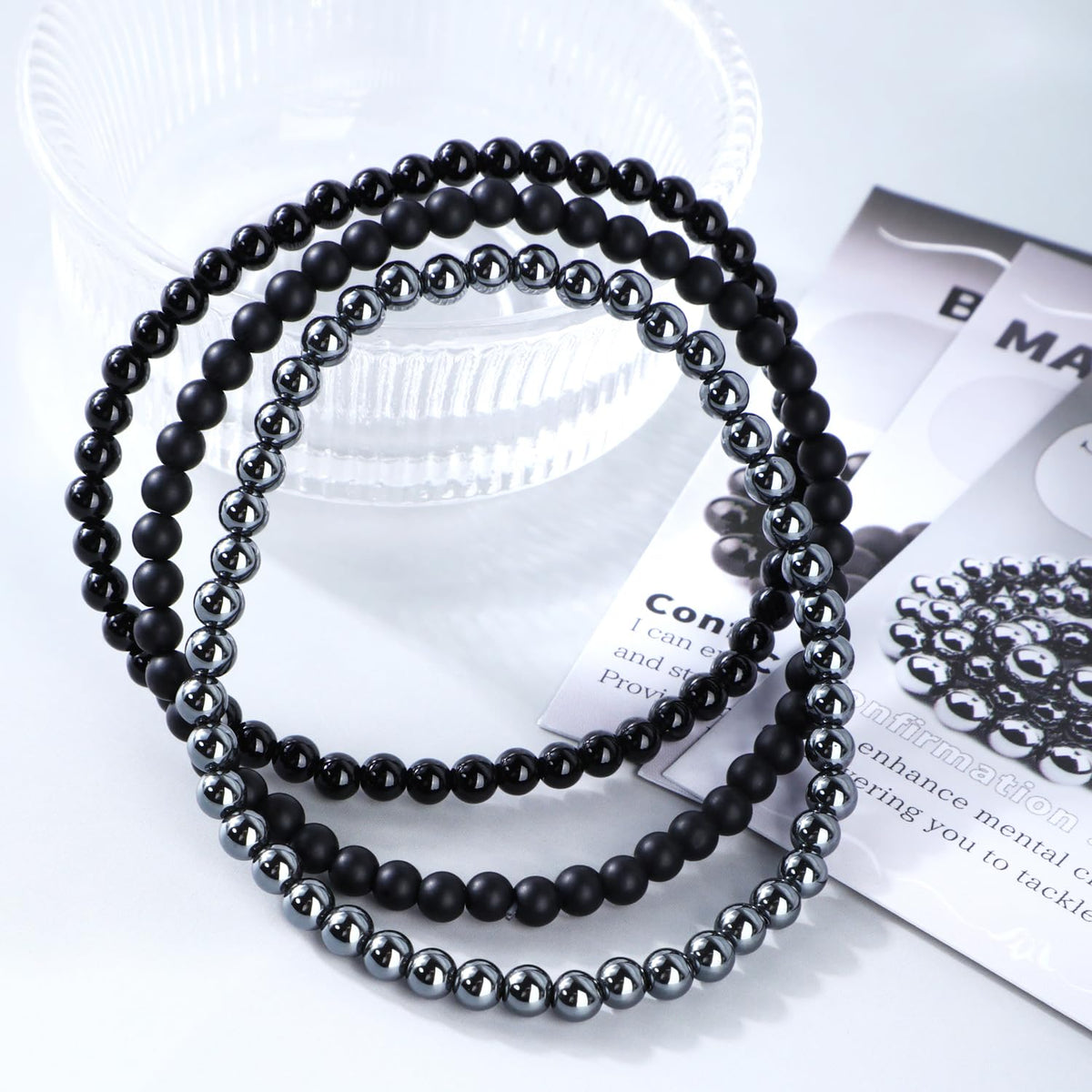 CMBYN 3-Pieces 4mm Natural Crystal Gemstone – ﻿Black Onyx, Hematite, Matte Black Agate Handmade Reiki Energy Healing Stretch Bracelets Jewelry for Yoga, Meditation, Unisex