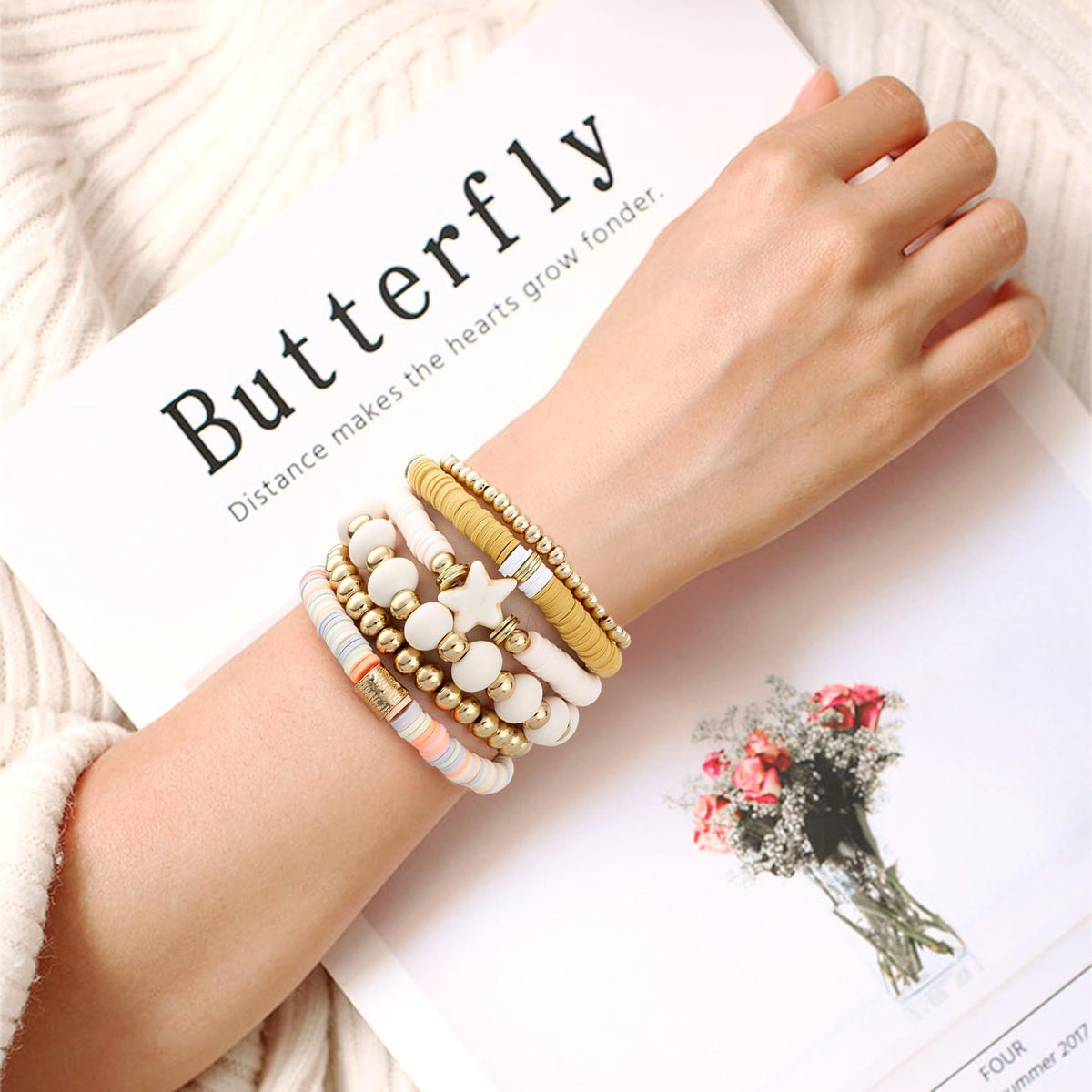 GOOJIDS Surfer Heishi Clay Bead Bracelets for Women Bohemian Stackable Gold Plated Beaded Stretch Bracelets Elastic Layering Friendship Bracelets Set Boho Jewelry