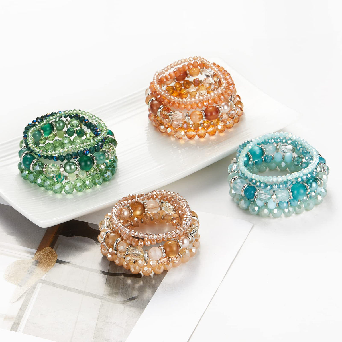 Noessla Beaded Boho Stretch Bracelet Colorful Stackable Crystal Beads Bracelets Trendy Costume Jewelry Mothers Day Gifts for Women(21-Orange)