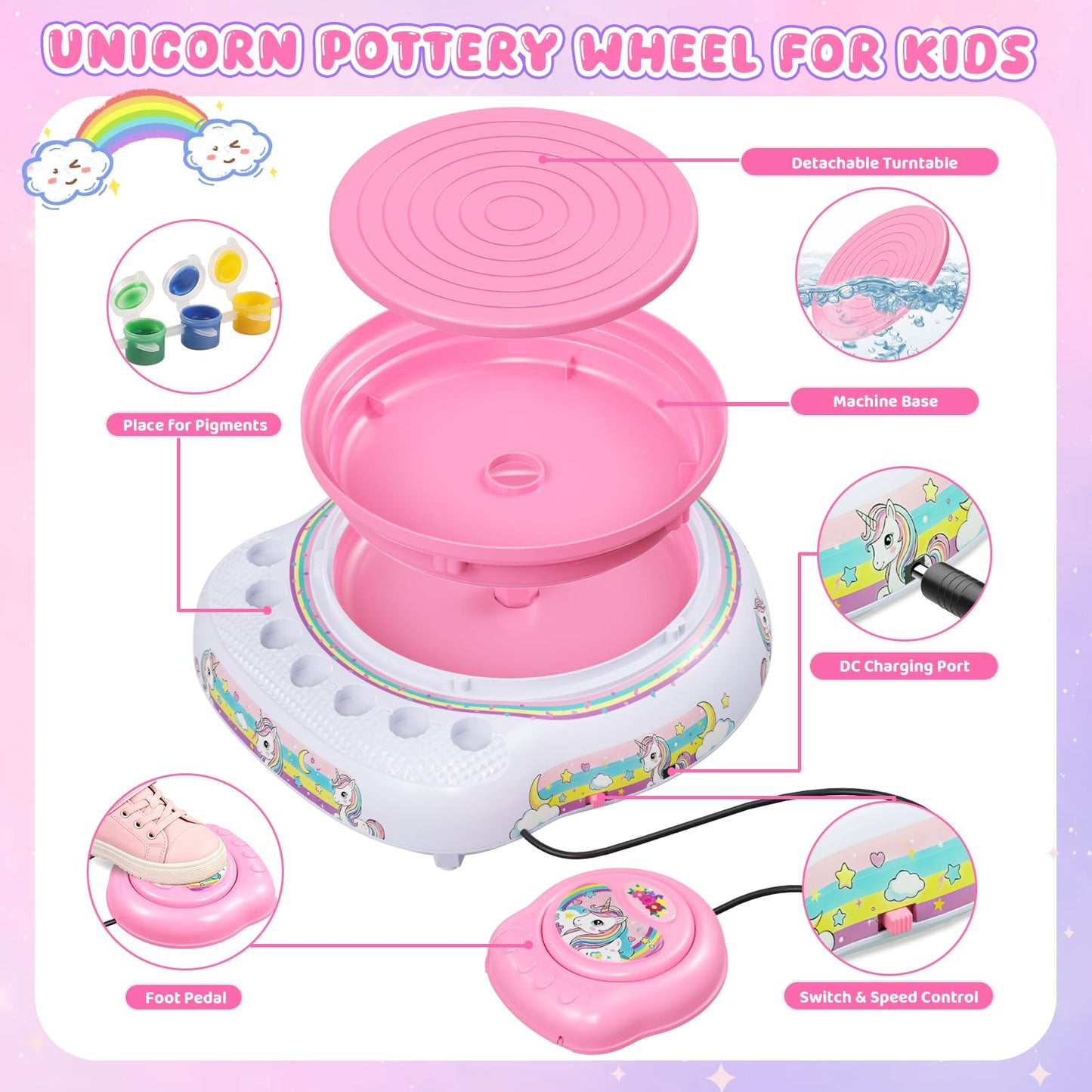 Pottery Wheel for Kids Complete DIY Pottery Painting Kit, Arts and Crafts for Kids Ages 8-12 with 3 Air-Dry Clay Packs and Tools, Unicorn Art Supplies Toys Birthday Gift for Boys Girls 6+ Years Old