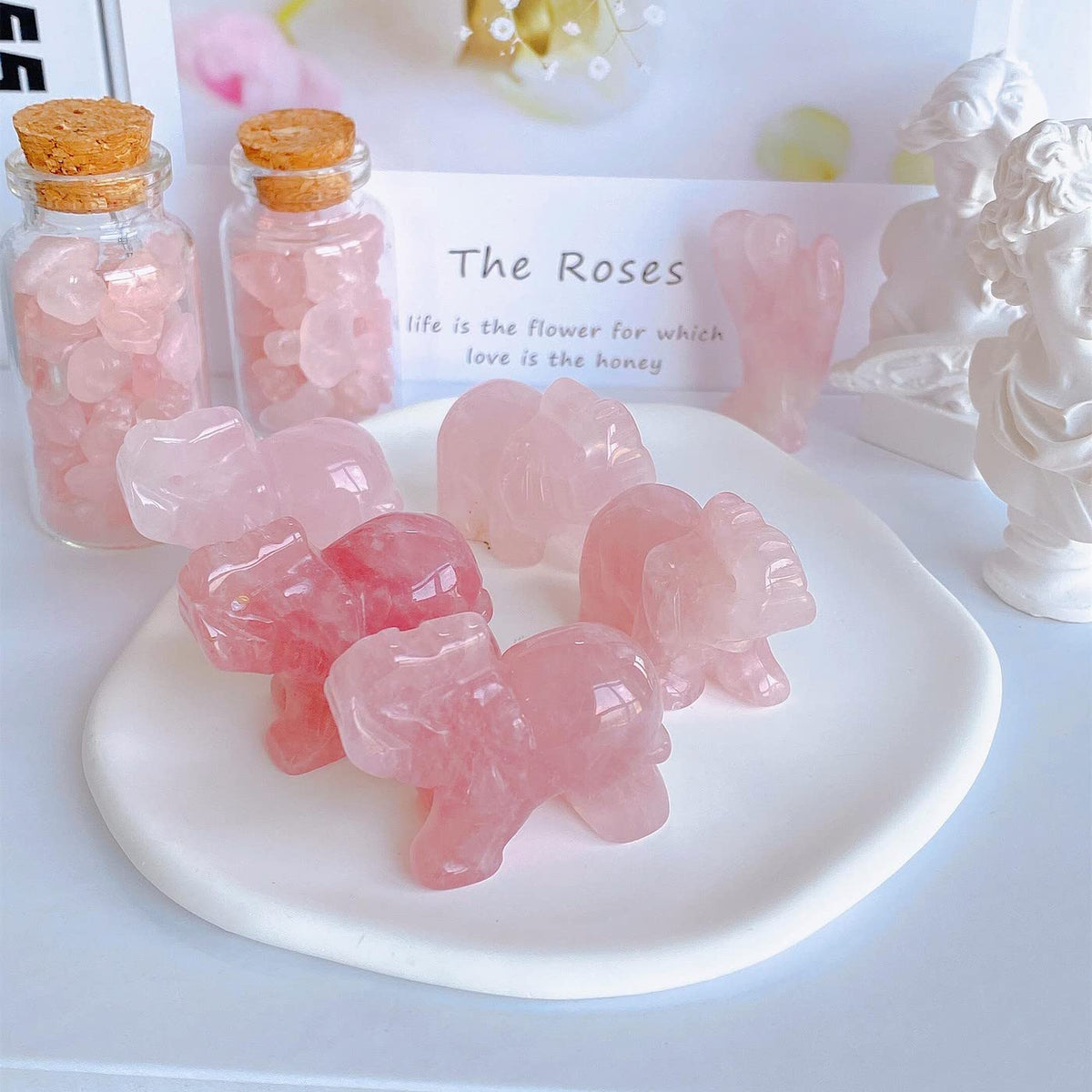 Rose Quartz Elephant Decor Pink Crystals Healing Stones Pocket Figurine Natural Crystal Statue Hand Carved Sculpture Cute Gemstone Energy Home Office Valentine's Day Desk Decoration Gifts for Women