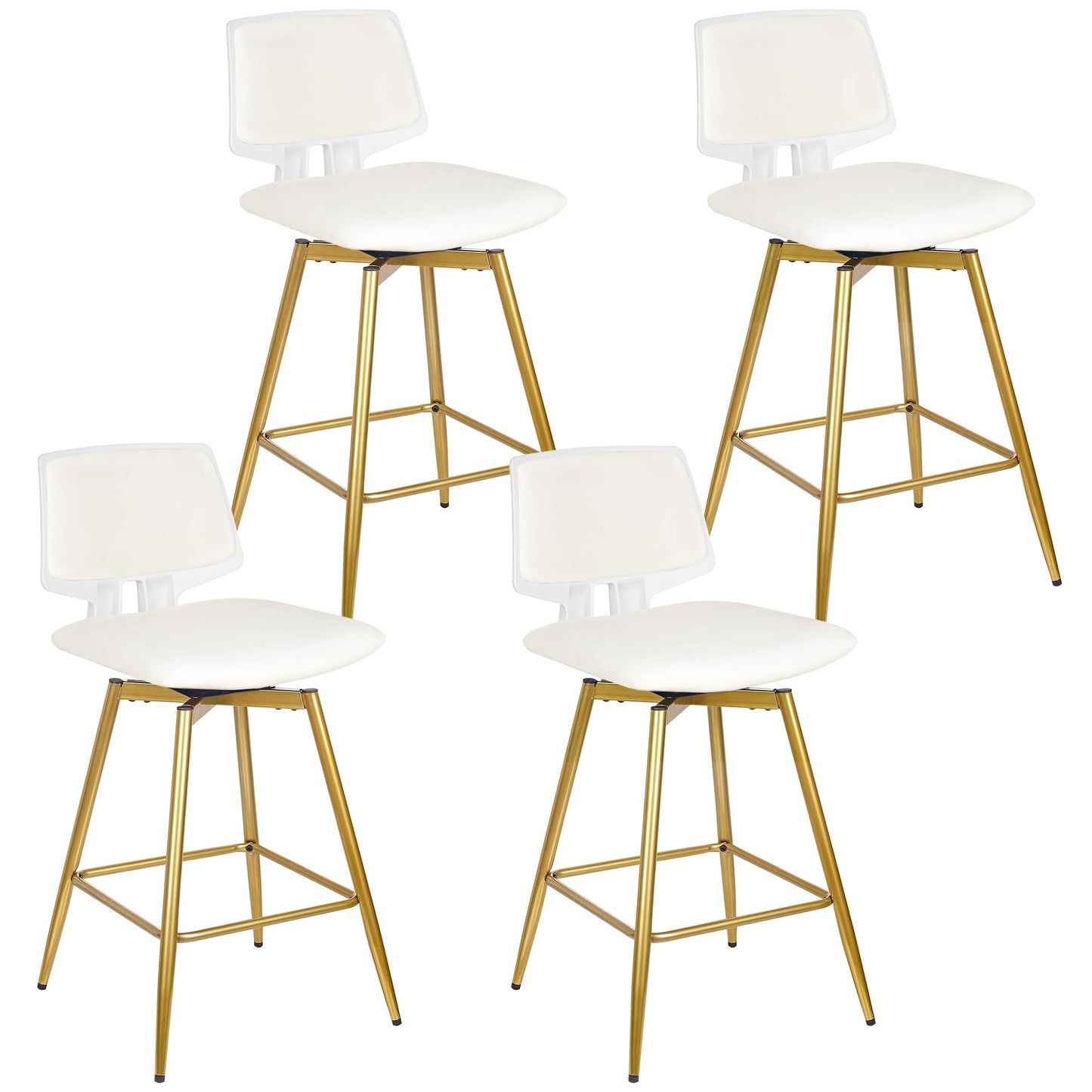 VECELO Swivel Upholstered Bar Stools Set of 4, Counter Height Barstools with Back, Metal Legs, 35.2-Inch Tall Barstools for Kitchen Island, Home Bar, Cafe, White
