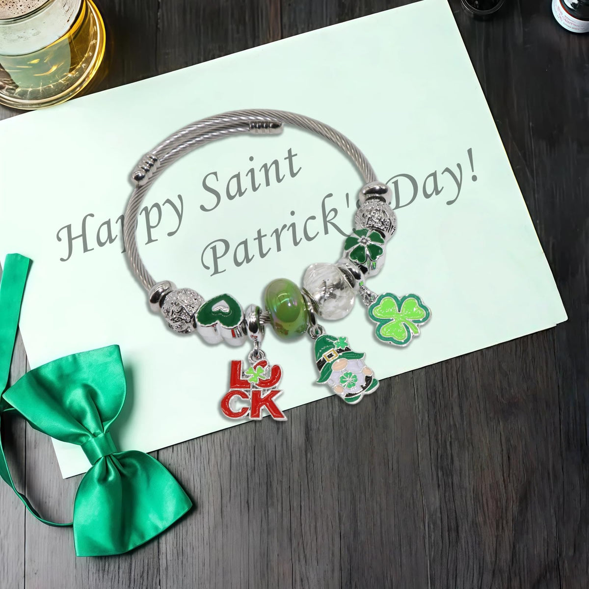 QMWKVNC St. Patrick's Day Charm Bracelets for Womens,Exquisite Cute Cartoon Friendship Silver Bracelets Stainless Steel Bangle, Womens Jewelry Suitable for Holiday Gifts and Birthday Gifts