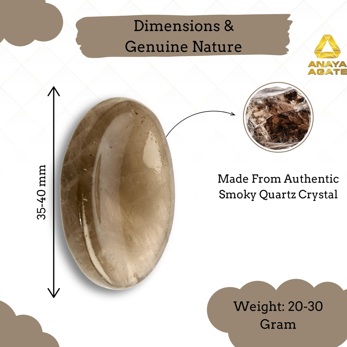 Anaya Agate Smoky Quartz Worry Stones Certified Crystal Thumb Worry Stone for Anguish, Relaxing and Soothing Balance Stones for Meditation, Stress Relief Crystals and Healing Stones for Men, Women