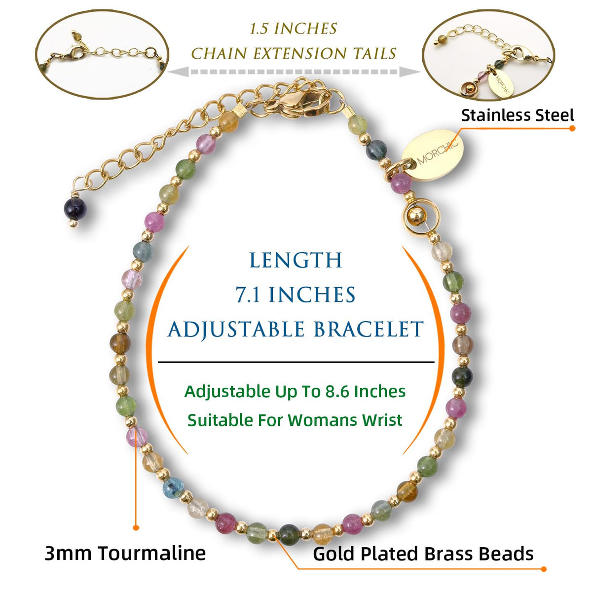 Morchic 3mm Multi-Color Tourmaline Natural Gemstone Beaded Bracelet for Women, Dainty Charm Jewelry, Adjustable 7.1-8.6", Ideal Birthday Holiday Gift