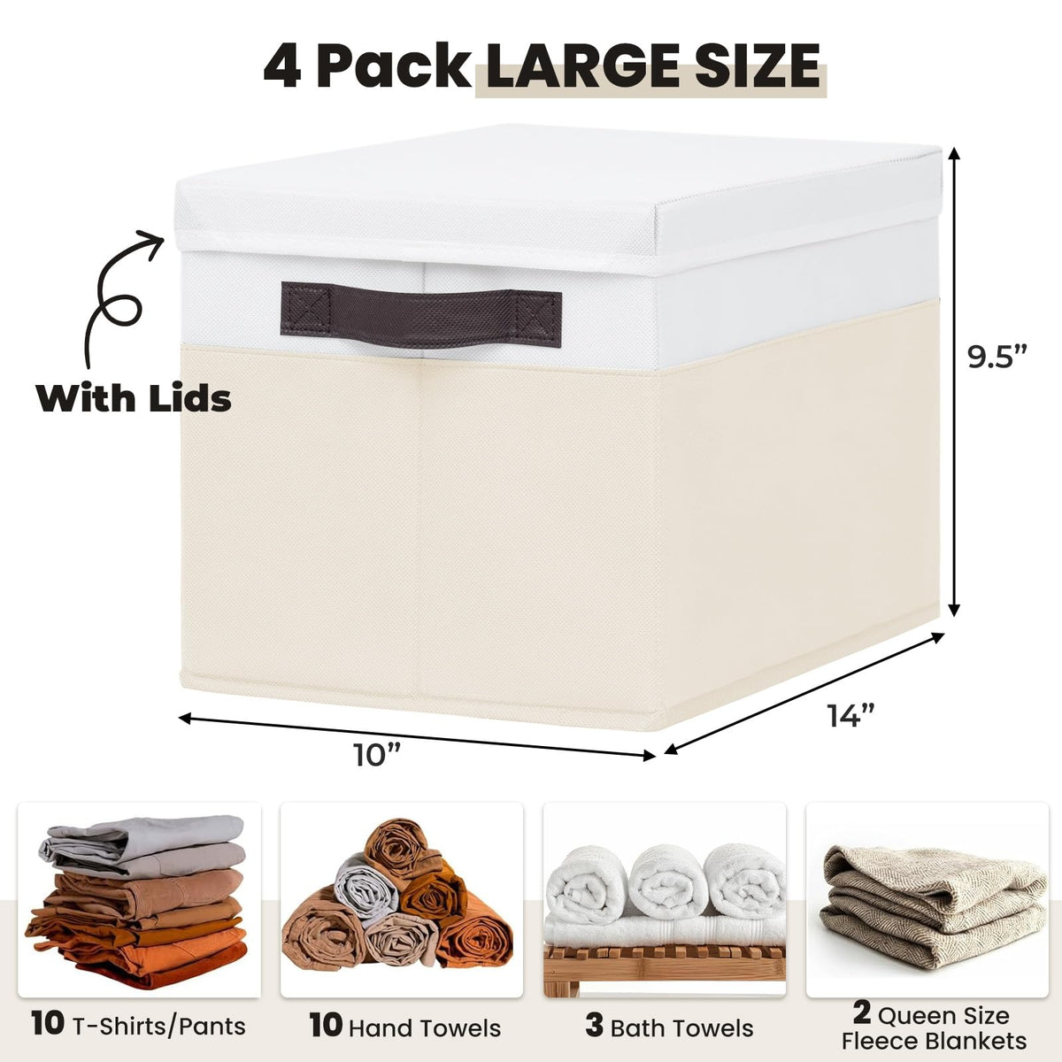Large Nursery Closet Organizer Bins with Lids 4 Pack - 23 QT Decorative Storage Baskets for Living Room Bedroom Shelf - Stackable Storage Boxes with Lids Handles for Clothes Sweater Book Towel Purse