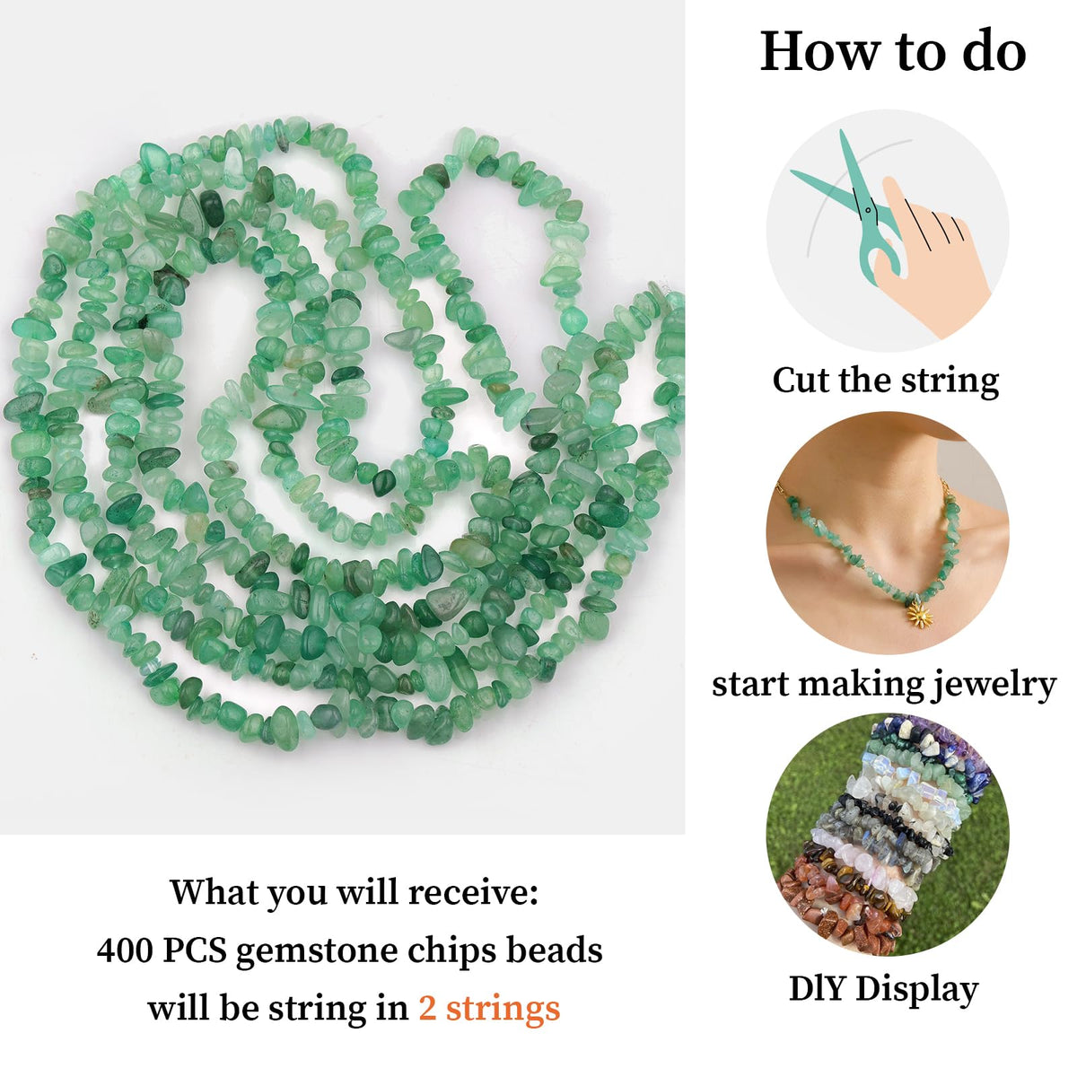 400pcs Natural Chip Stone Beads for Jewelry Making Green Aventurine 5-8mm Irregular Gemstones Healing Crystal Loose Rocks Bead Hole Drilled for Ring Earrings Necklace Bracelet Making DIY Art Crafts