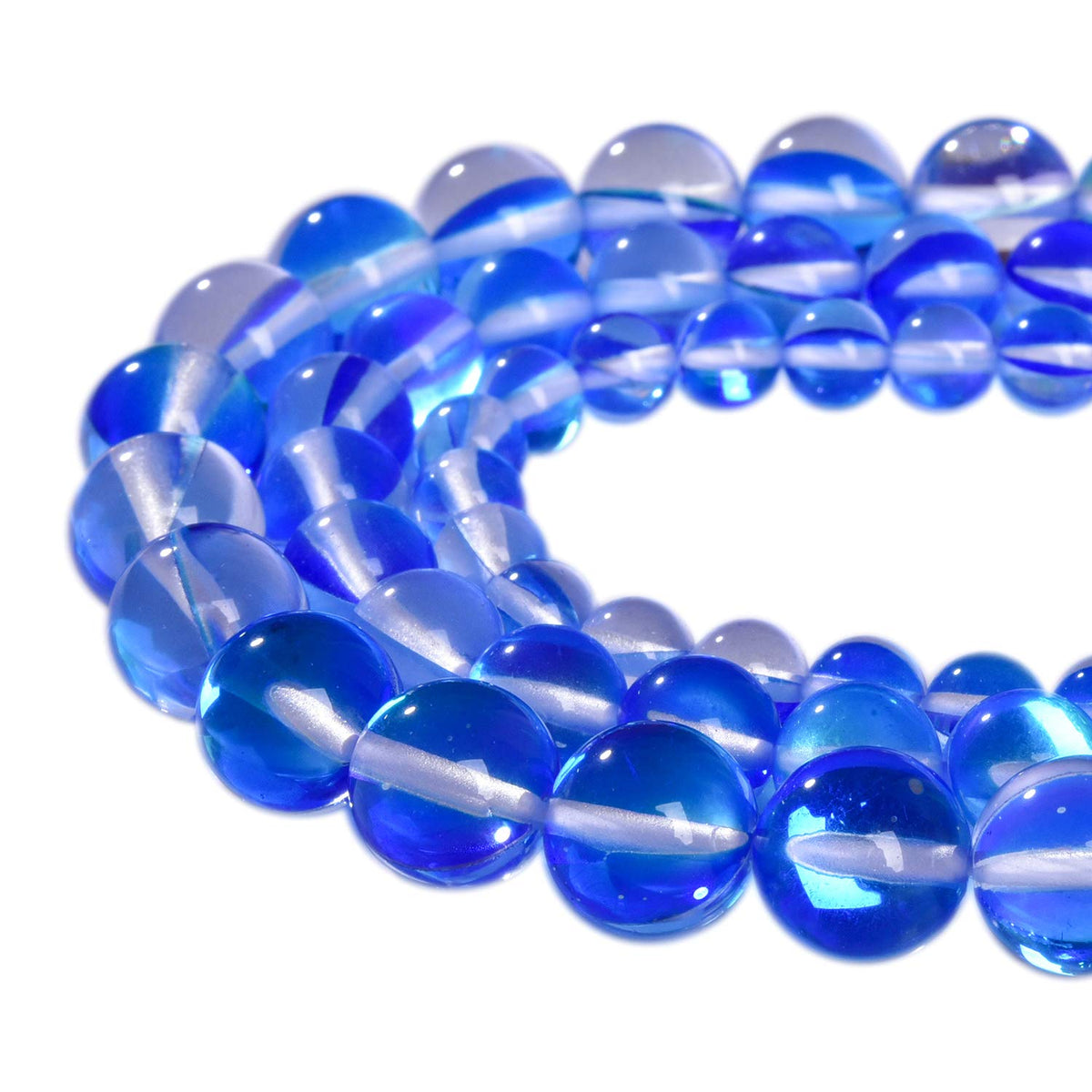 Asingeloo 38PCS 10mm Blue Angel Aura Quartz Round Gemstone Polished Mermaid Aura Moonstone Smooth Stone Loose Beads Crystal Quartz for DIY Jewelry Making 1 Strand 15'