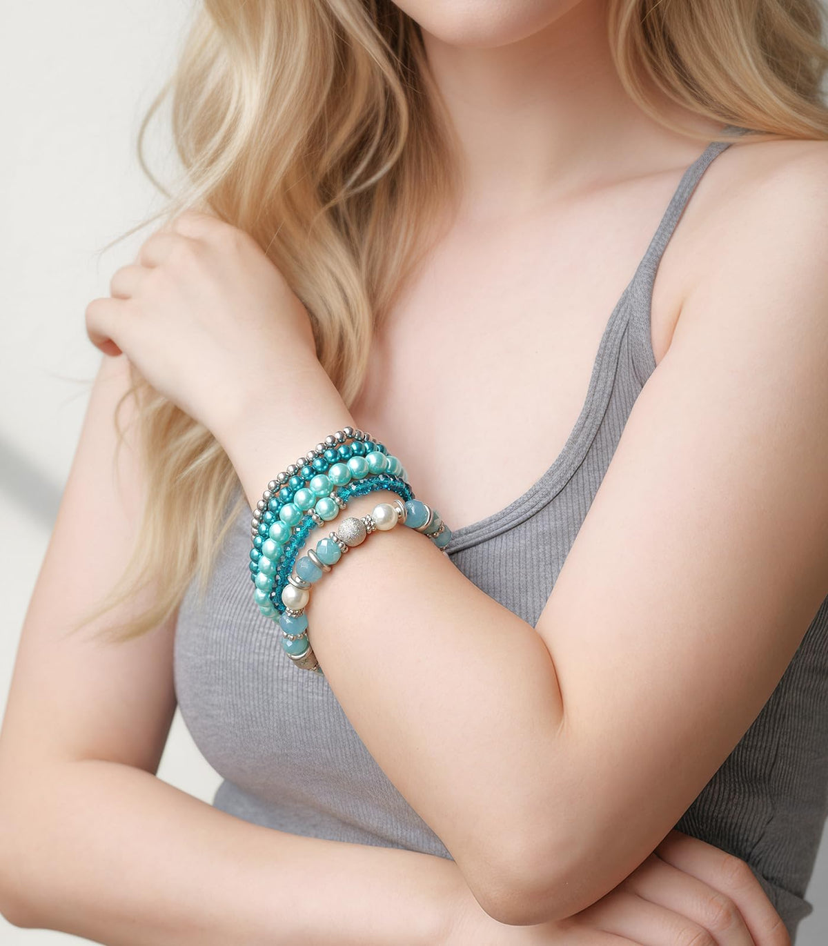 Noessla Beaded Pearl Stretch Bracelet Silver Stackable Crystal Beads Bracelets Trendy Costume Jewelry Mothers Day Gifts for Women(Turquoise)