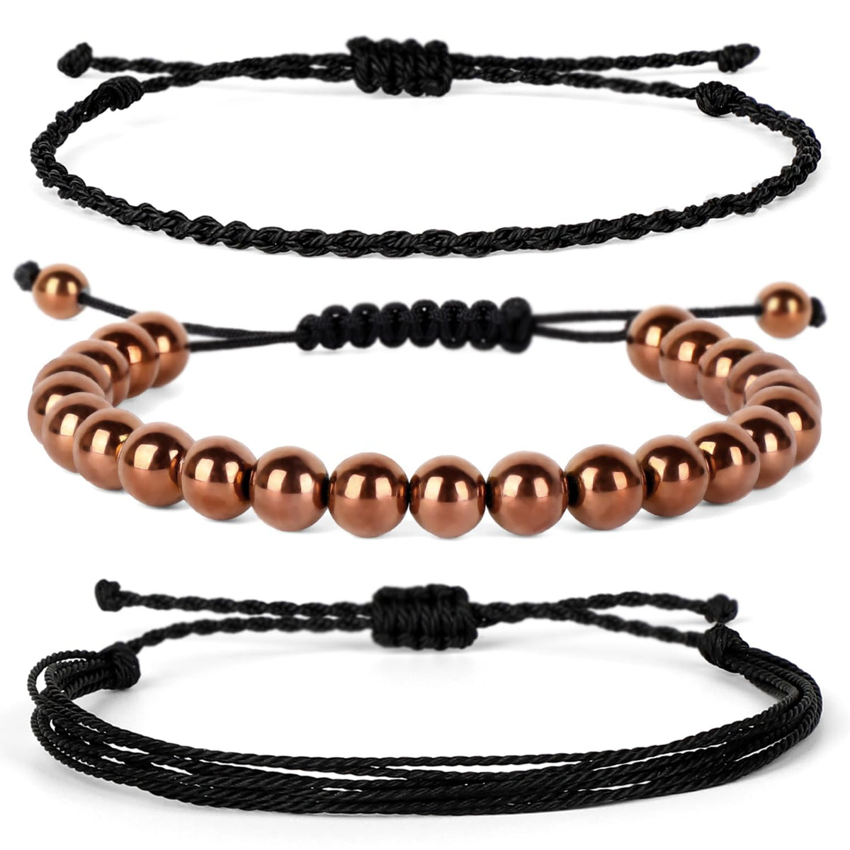 QOGIR Handmade Healing Bracelet,8mm Natural Copper Hematite Gem Stone Beads Bracelet for Men Women Gifts with 2PCS Size Adjustable Rope Bracelets