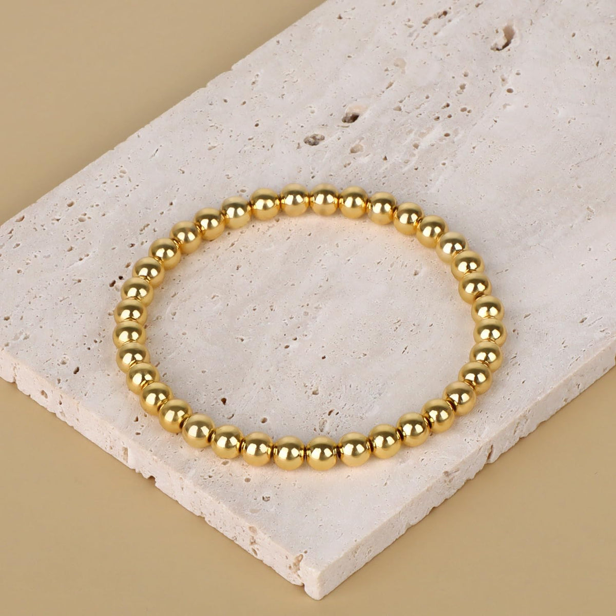 QOGIR 14K Gold Plated Beads Gemstone Stretch Elastic Dainty Handmade Beaded Bracelets for Women Gifts 6mm