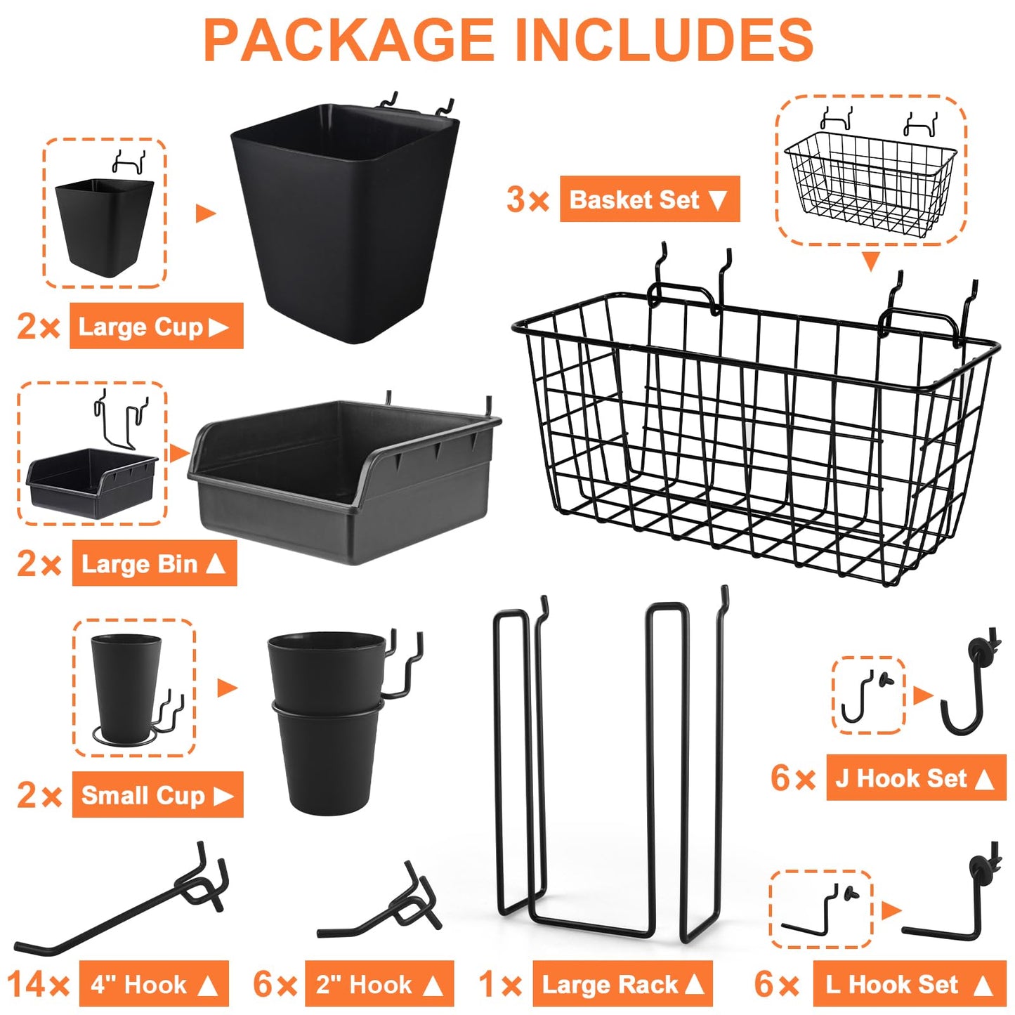 Pegboard Basket Organizers, Peg Board Large Baskets Hooks Bins Cups Tool Organizer 42 Pack Set, Wall Storage Display Hanging Accessories for Craft Office Stadio Shed Garage Organization (Black)