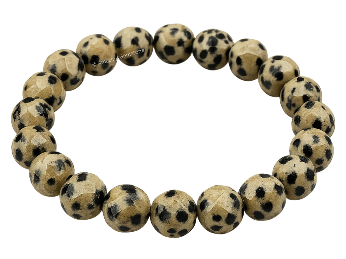 Amazing Gemstone Dalmatian Jasper Bracelet for Women - Chakra Mens Bracelet Protection Crystals and Healing Stones - Blessing Spiritual Meditation Stocking Stuffers (Faceted Beaded Bracelet)