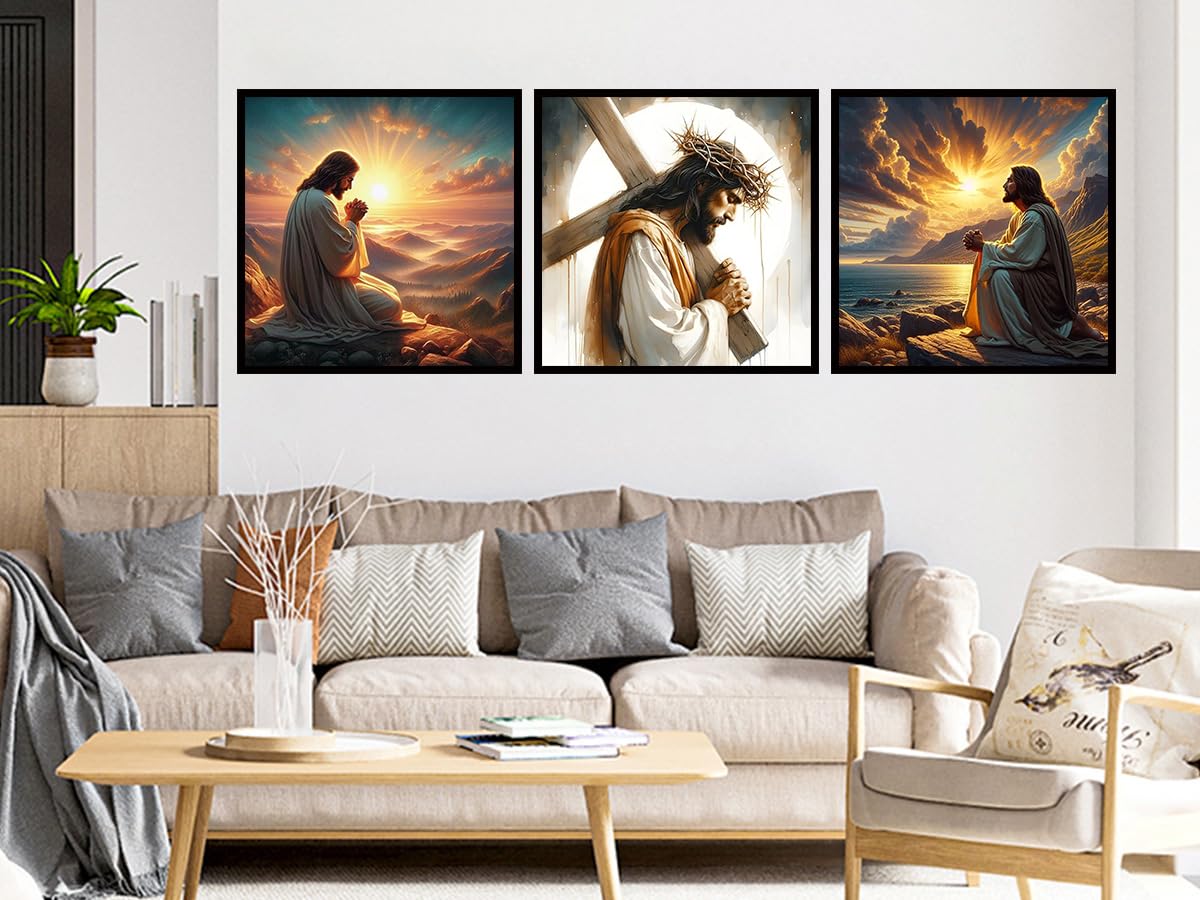 Benjenes 3Pcs Jesus Christ Prayer Diamond Art Kits for Adults, Diamond Painting Kits for Adults, 5D DIY Round Drill Gem Art Paint with Diamonds Dots Crafts Kits for Home Decor Gift 14x14inch