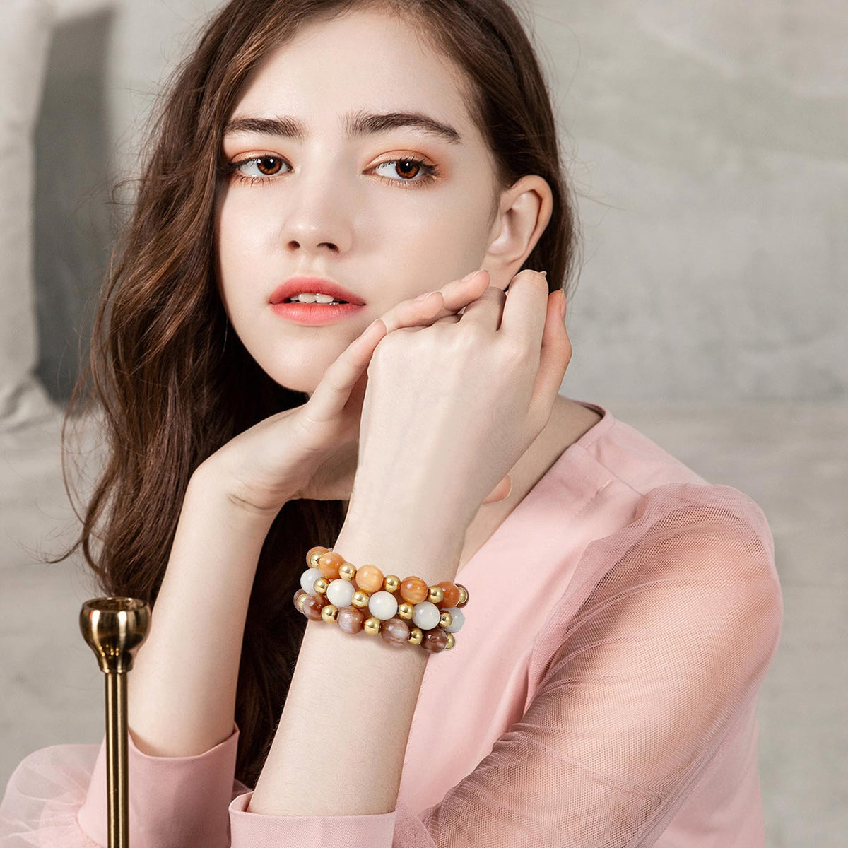 GOOJIDS Brown Beads Gold Plated Heart Beaded Bracelets For Women Dainty Gold Plated Stack Layered Beads Bracelet Gift set for MAMA Birthday Mother's Day