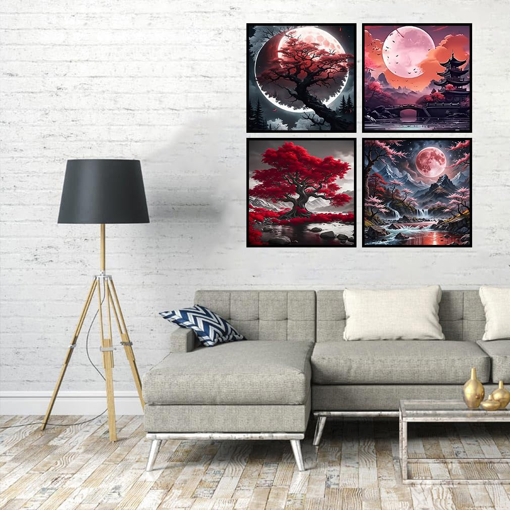 Zythron 4PCS Diamond Art Kits for Adults,Moon Diamond Art Landscape Diamond Painting Tree DIY 5D Full Drill Gem Art Painting Kit for Home Wall Decor Gifts 12x12 in
