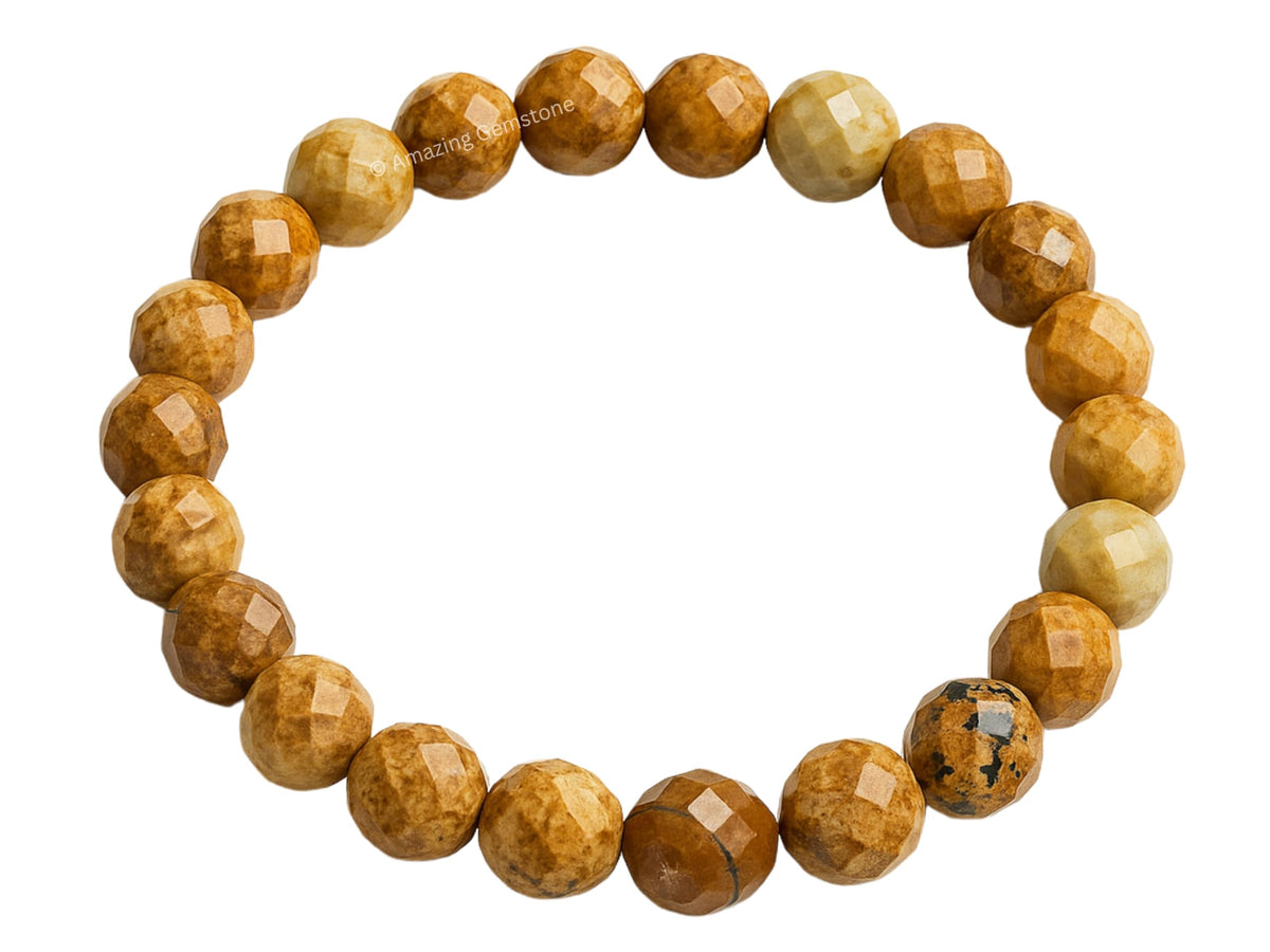 Amazing Gemstone Picture Jasper Bracelet for Women - Chakra Mens Bracelet Protection Crystals&Healing Stones - Blessing Bracelet Spiritual Meditation Gift (Faceted Beaded Bracelet)