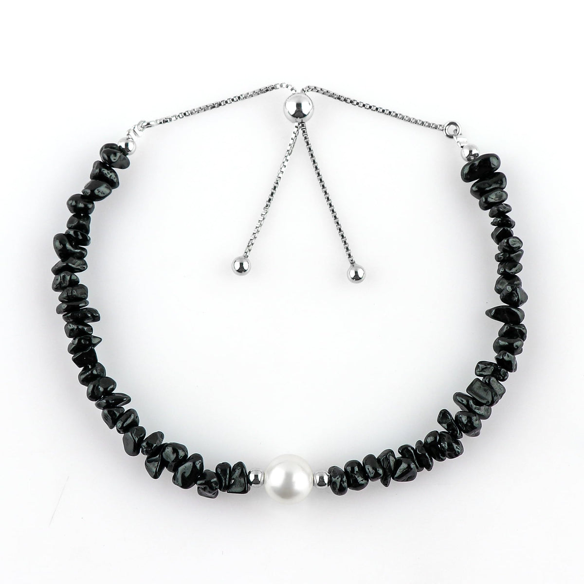 CRYSTALIS Natural Black-Spinel Beads Slider Bolo Bracelet with Elegant Pearl, Uncut Chips Nuggets Crystals, Chakra Healing Gemstone, Women Jewelry, 925 Sterling Silver Slider 10 inch