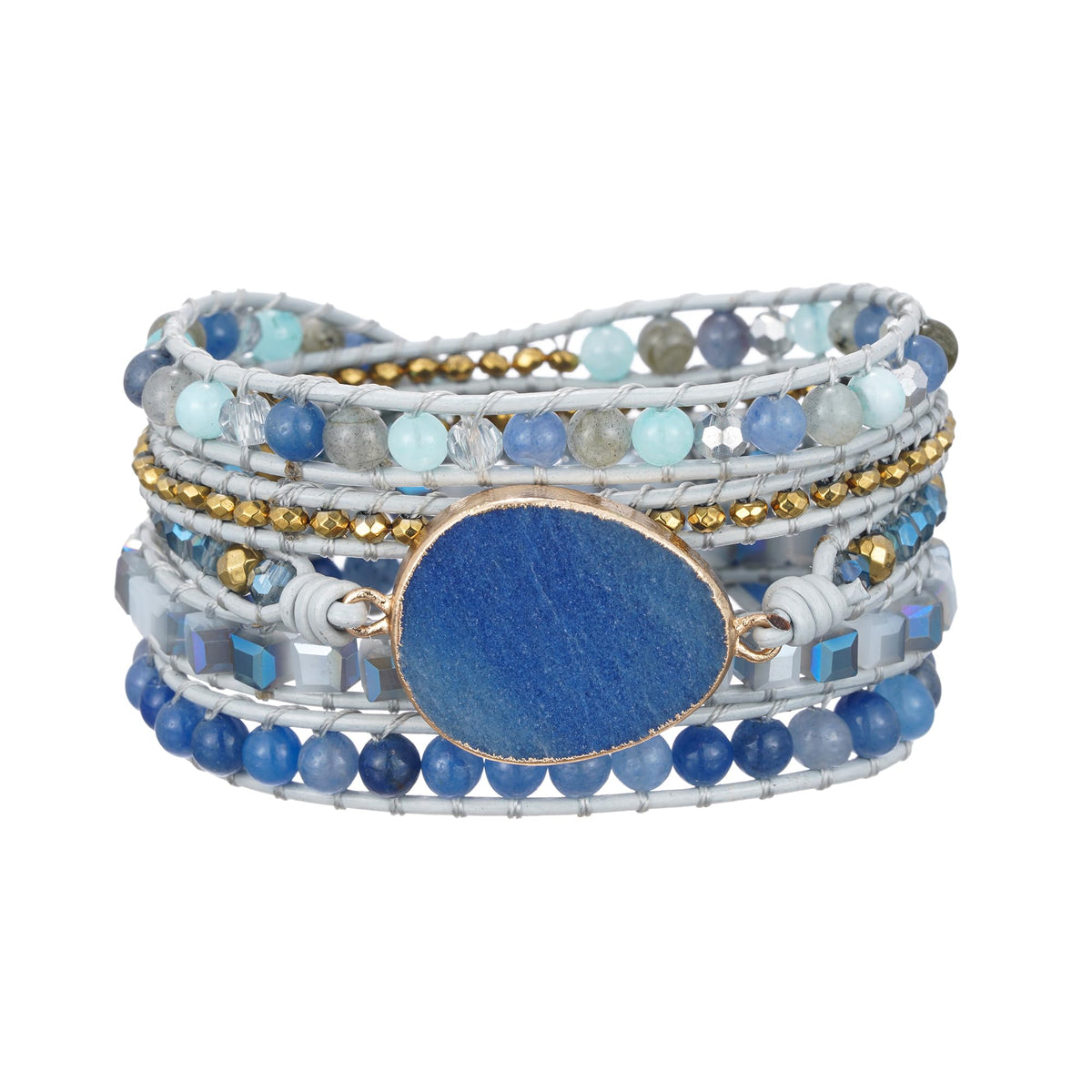 Plumiss Boho Handmade Stone Bracelet for Women Unique Healing Blue Aventurine Jasper Beaded Leather 5X Wrap Bracelets Jewelry for Women
