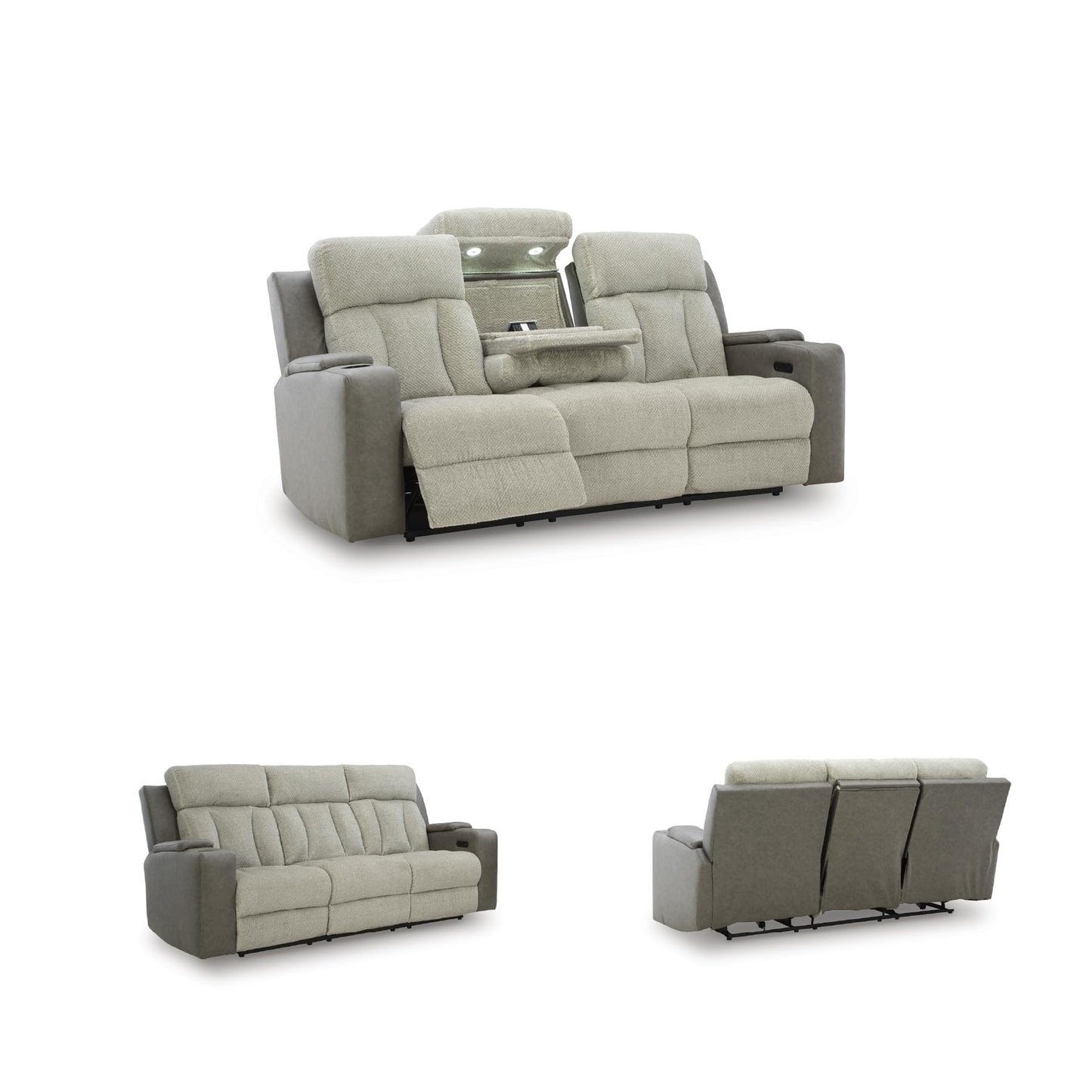 Signature Design by Ashley Point Clear Transitional Faux Leather Power Reclining Sofa with Drop Down Table, Lumbar Massage, LED Lights and Adjustable Headrest, Gray & Beige