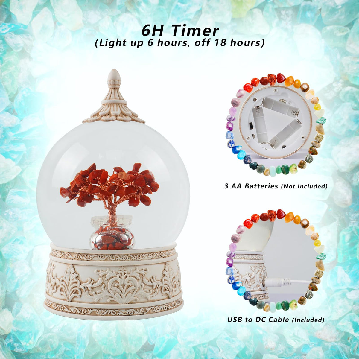 Red Jasper Healing Crystal Tree Globe with Colorful Lights Sparkling Glitter, Natural Gemstone Base, Spiritual Meditation, Positive Energy Good Luck, Home Decor, Birthday Gifts (Red Jasper)