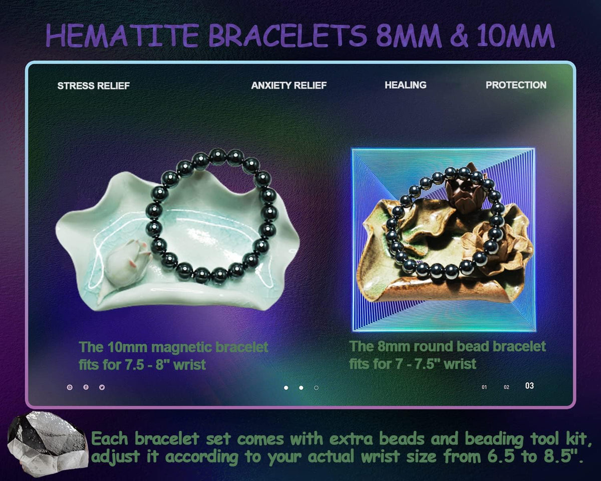 Hematite Bracelets 2 PCS, 8MM & 10MM, Great Couple s Root Chakra Gemstones with Magnet for Adults, Protection from Anxiety, Negative Shield, Come with Box & Velvet Pouch